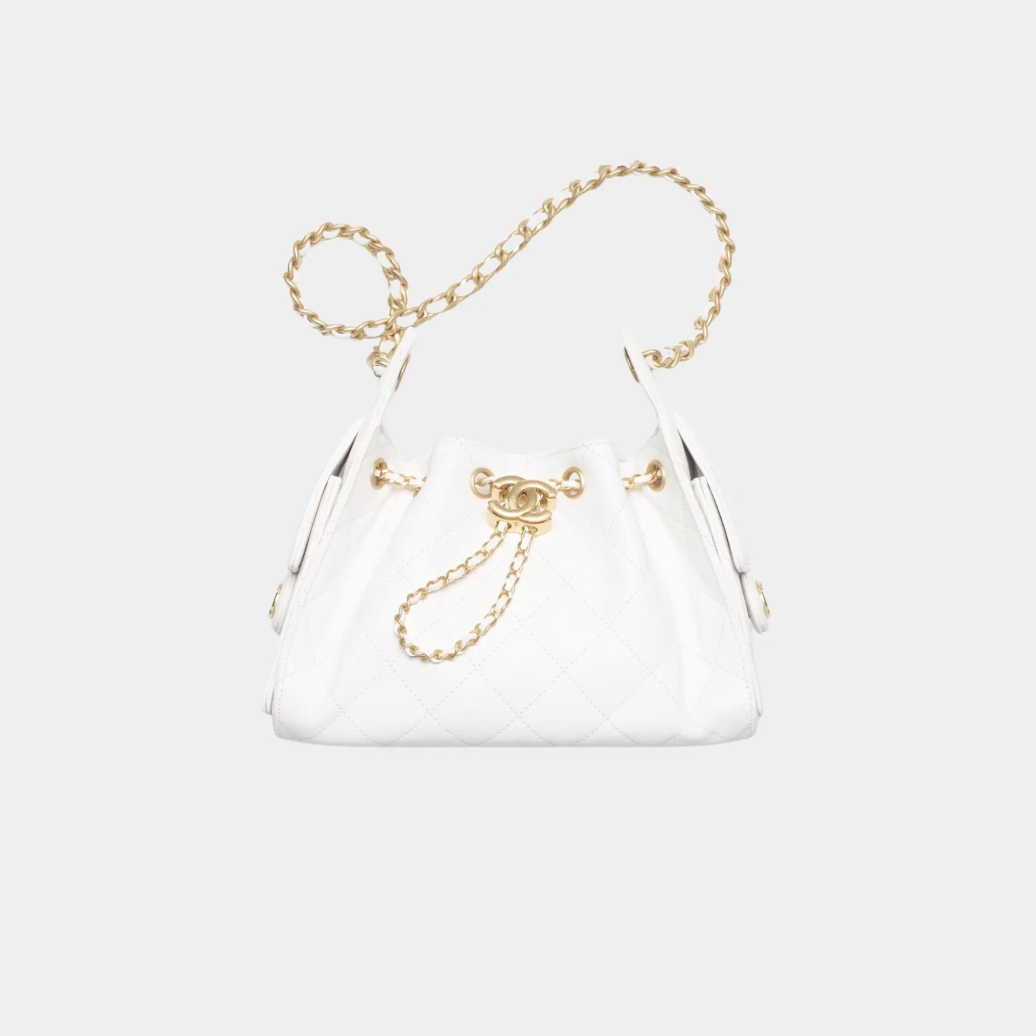 Chanel 25 Mini Handbag in Grained Calfskin & Gold-Tone Metal, White, Front