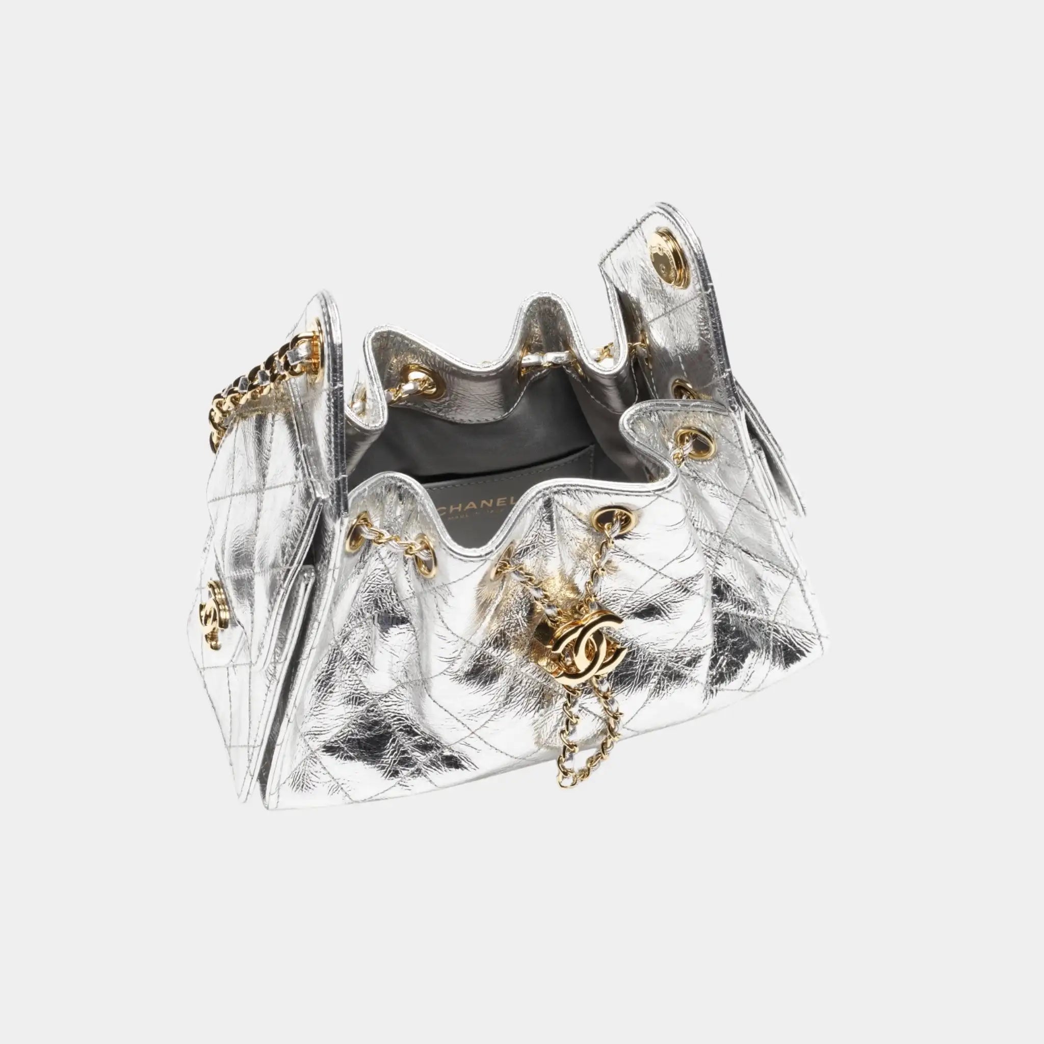 Chanel 25 Mini Handbag in Metallic Calfskin, Silver, Top