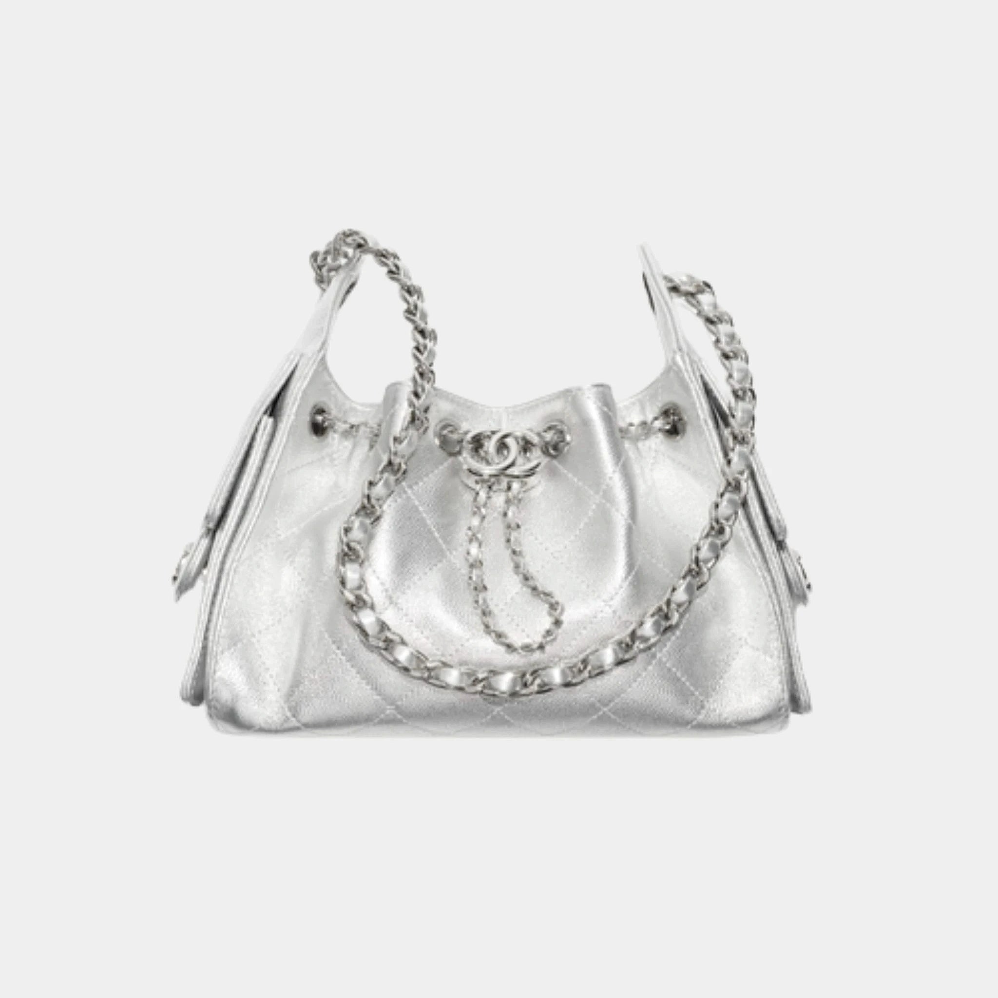 Chanel 25 Mini Handbag in Metallic Grained Calfskin, SIlvery, Front