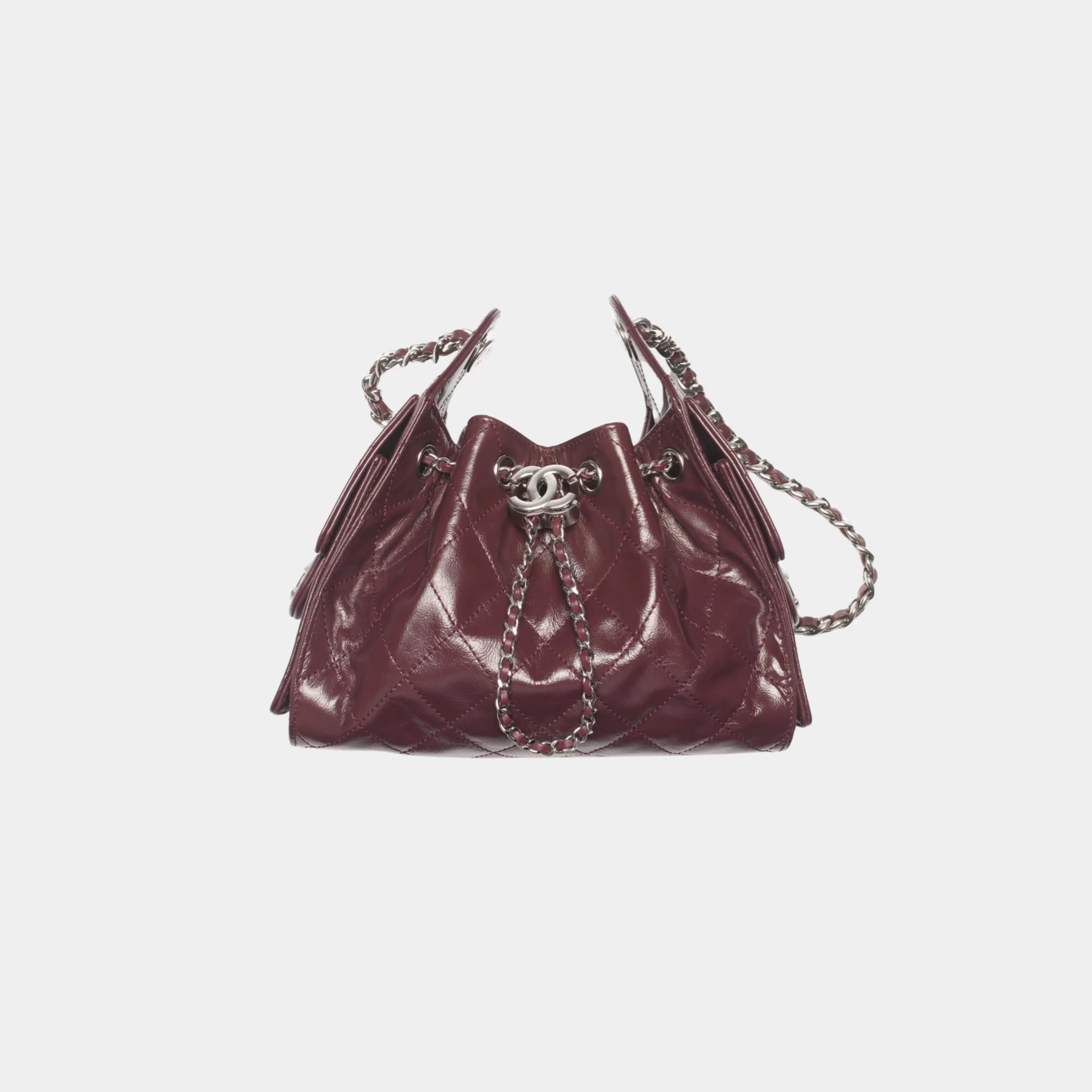 Chanel 25 Mini Handbag Shiny Crumpled Calfskin & Silver-Tone Metal, Dark Burgundy, Front
