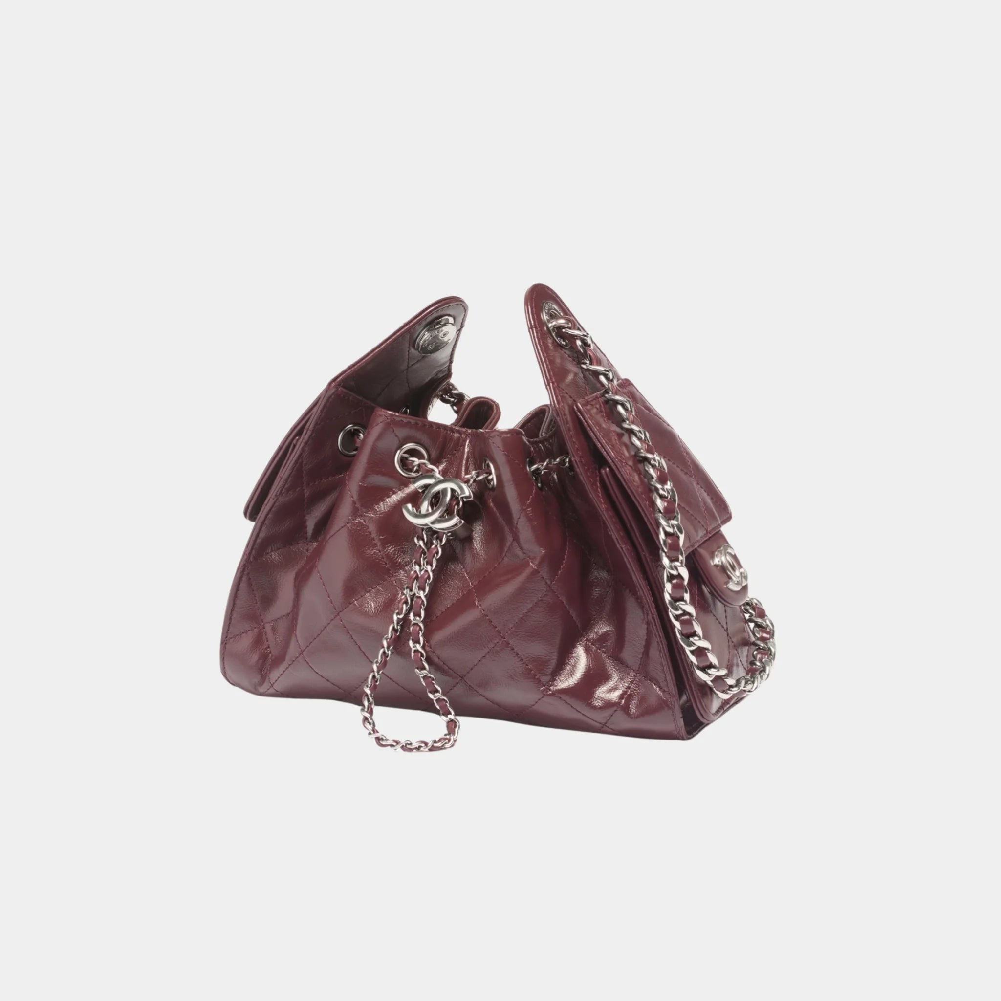 Chanel 25 Mini Handbag Shiny Crumpled Calfskin & Silver-Tone Metal, Dark Burgundy, Side