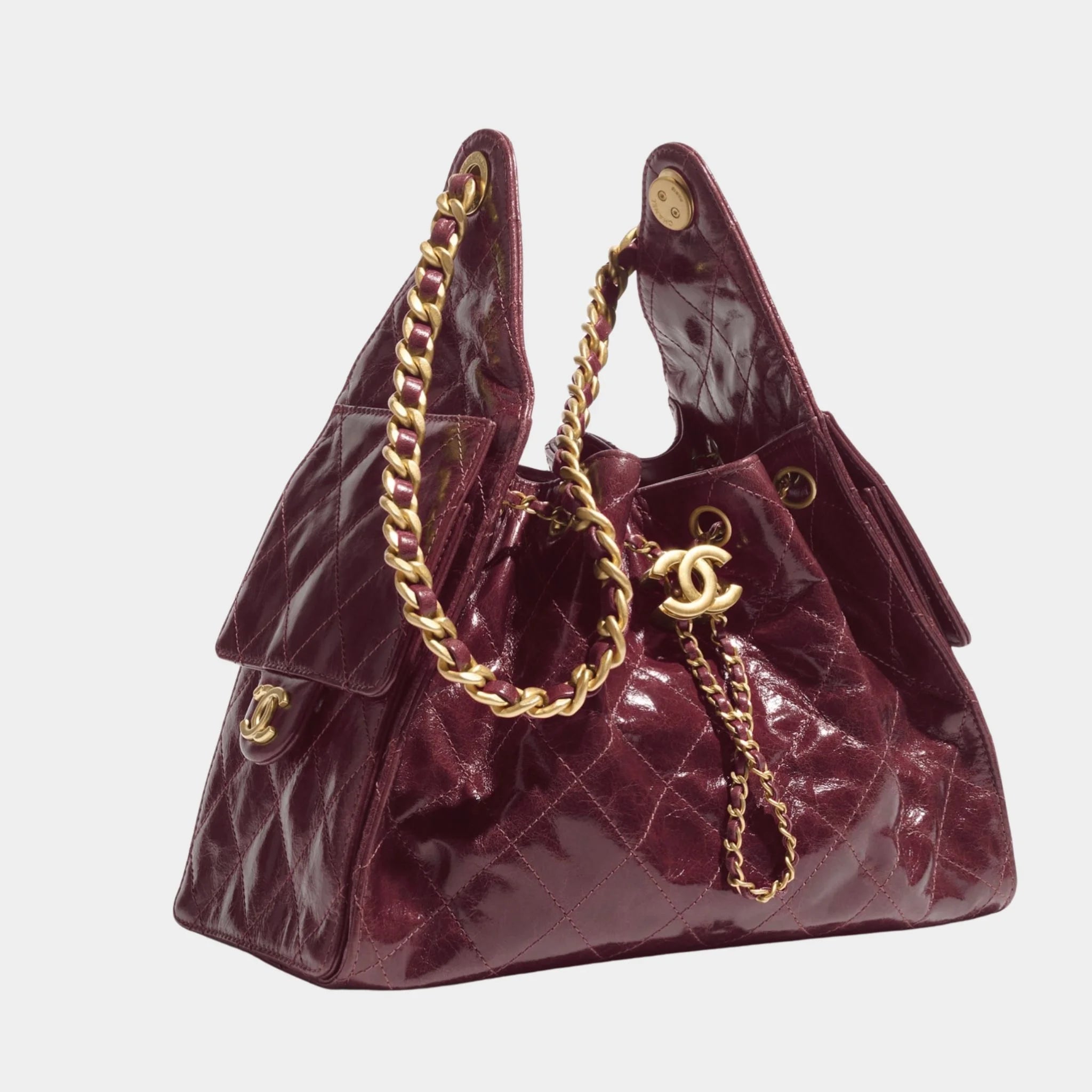 Chanel 25 Small Handbag Calfskin & Gold Tone Metal, shint grained calskin, burgundy , side