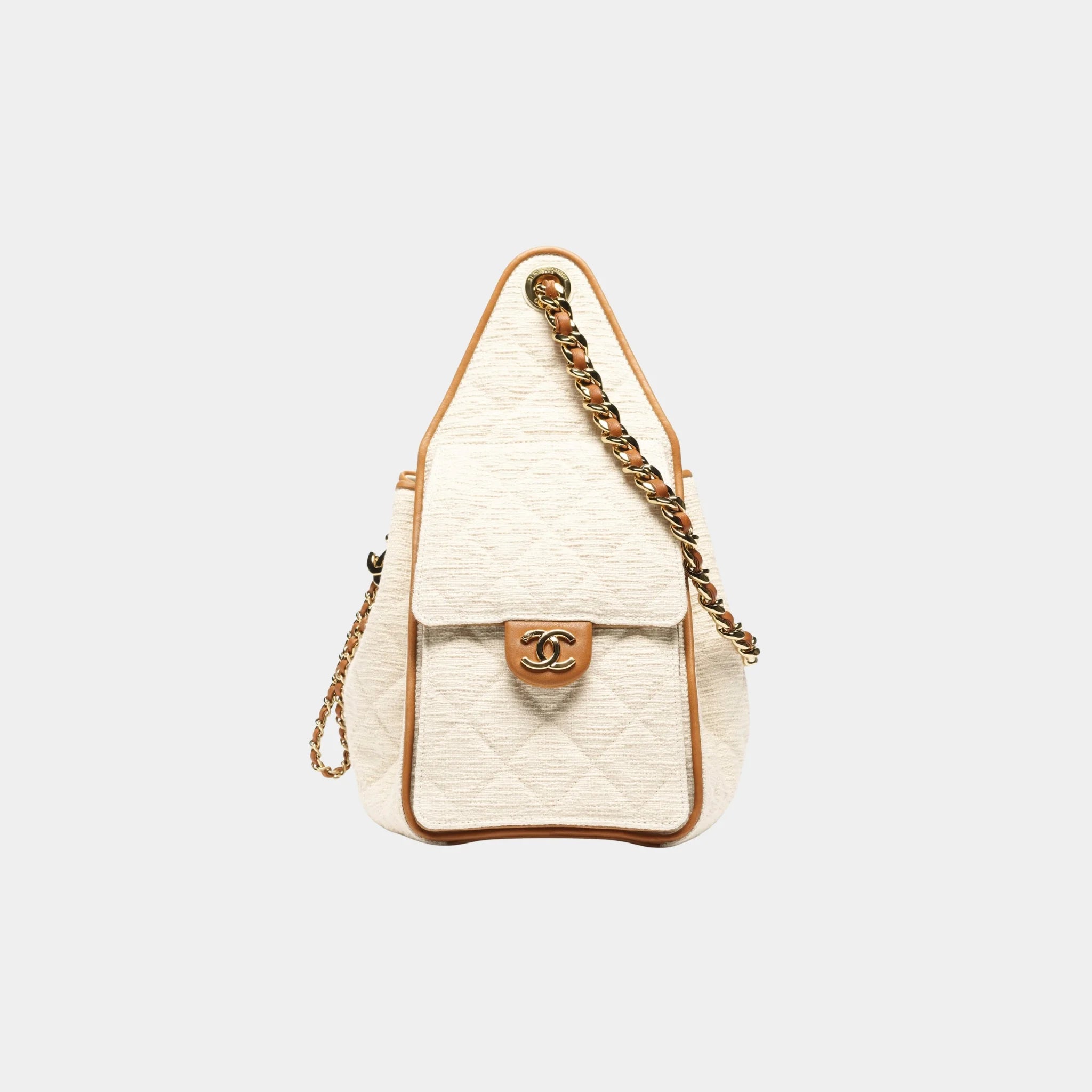 Chanel 25 Small Handbag Canvas Calfskin & Gold-Tone Metal, Ecru Camel, Side