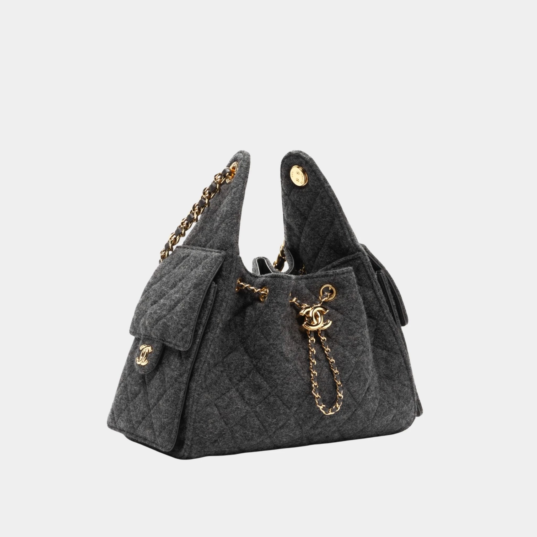 Chanel 25 Small Handbag Felt & Gold-Tone Metal Dark Grey