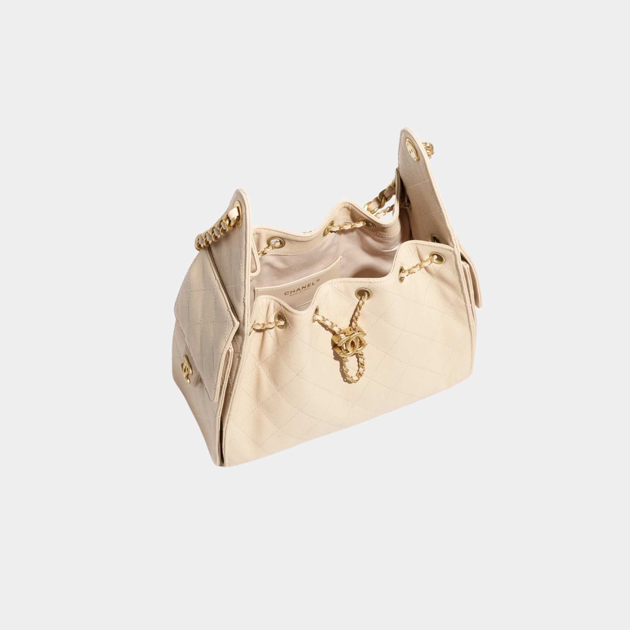Chanel 25 Small Handbag Grained Calfskin And Gold-Tone Metal, Beige, Top