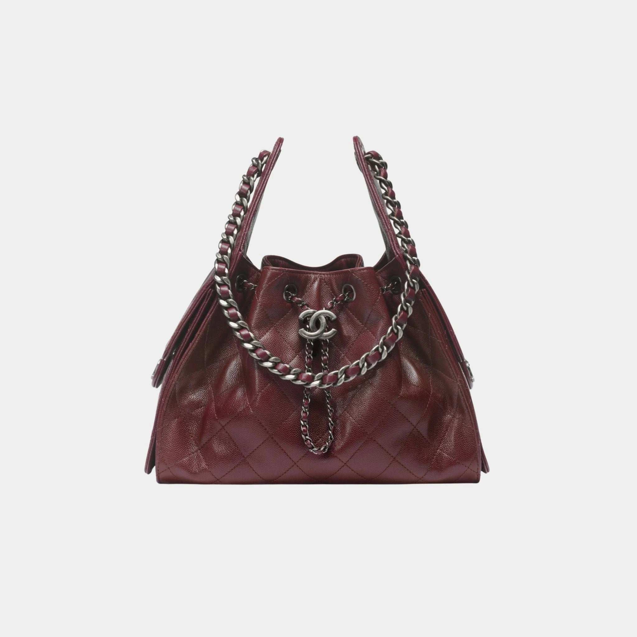 Chanel 25 Small Handbag Grained Calfskin & Ruthenium Finish Metal, Dark Burgundy