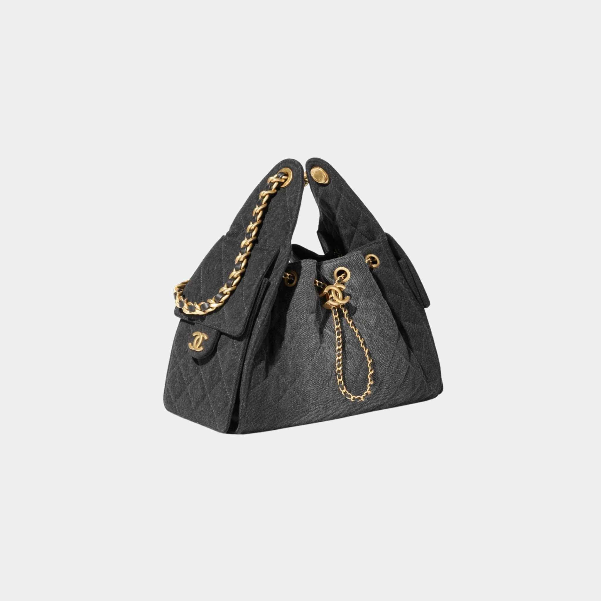 Chanel 25 Small Handbag Washed Denim And Gold-Tone Metal, Black, Front