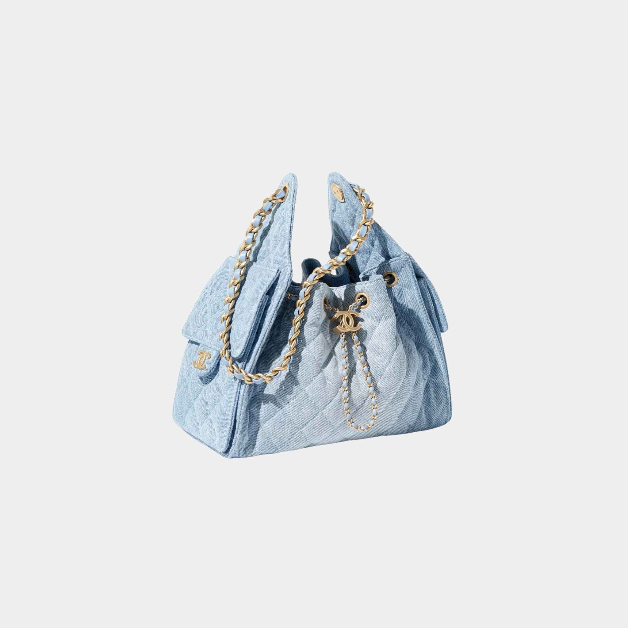 Chanel 25 Small Handbag Washed Denim And Gold-Tone Metal, Blue, Front