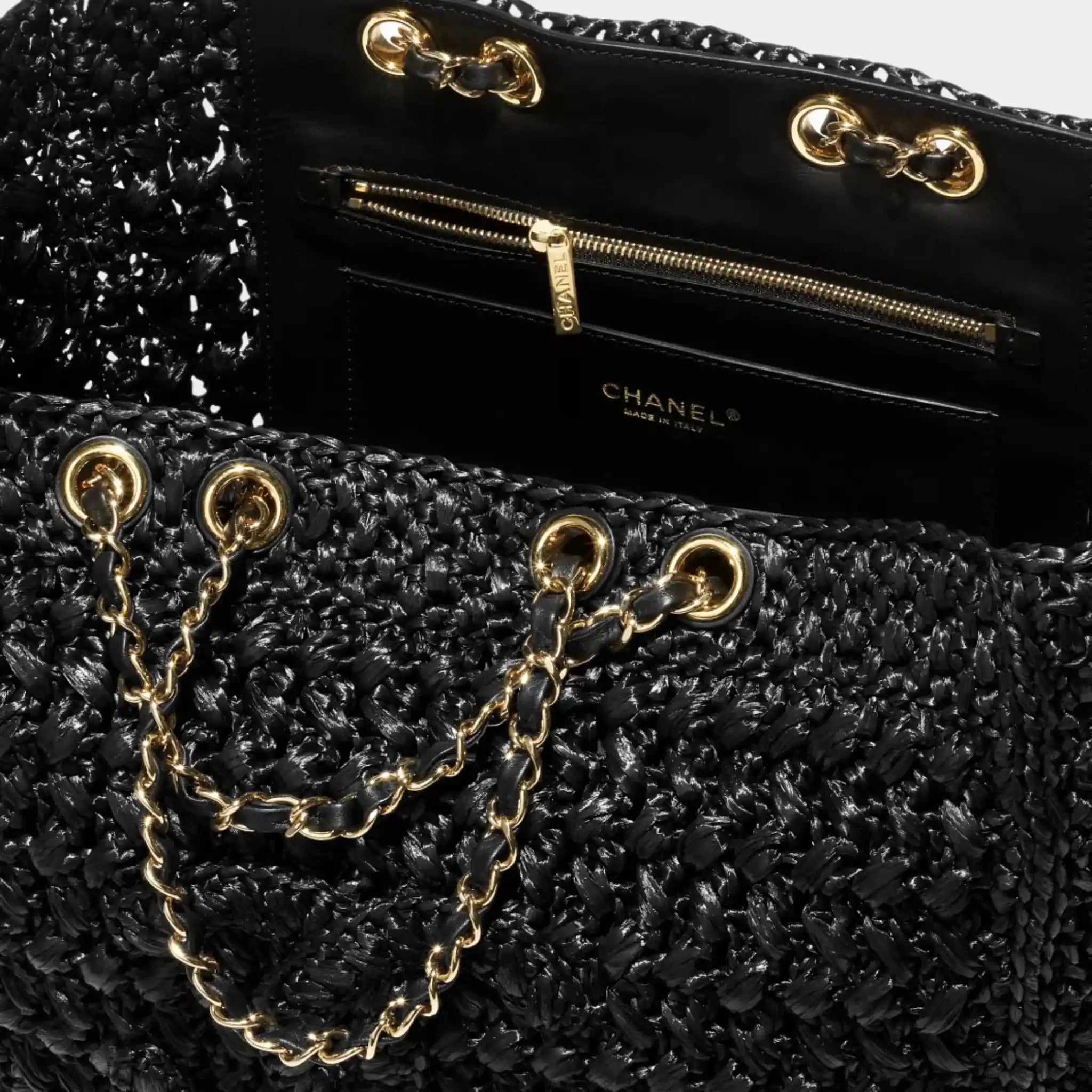 Chanel Basket Braided Raffia Calfskin & Gold-tone Metal Black