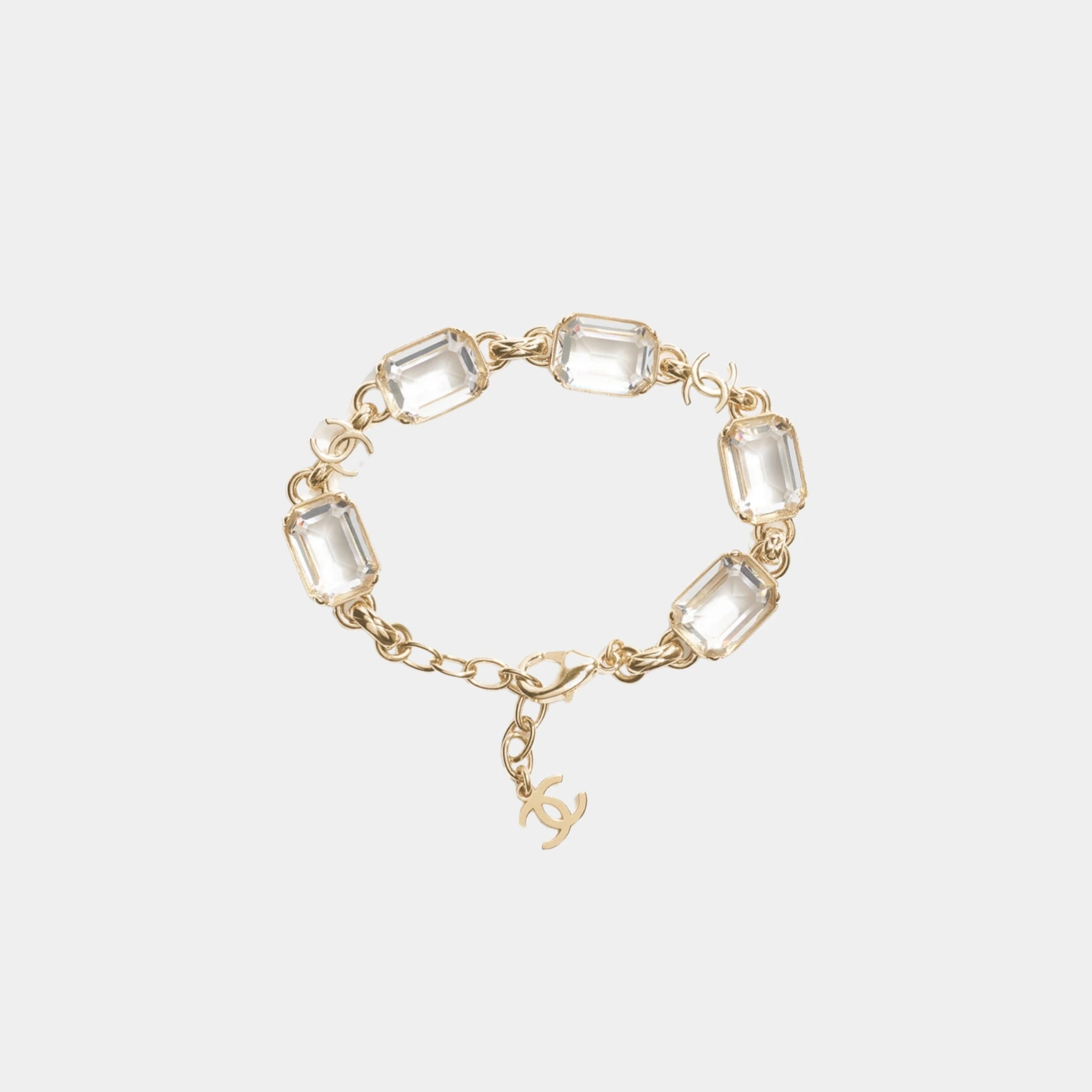 Chanel Bracelet in Gold Metal & Diamantes with CC Charm, Front