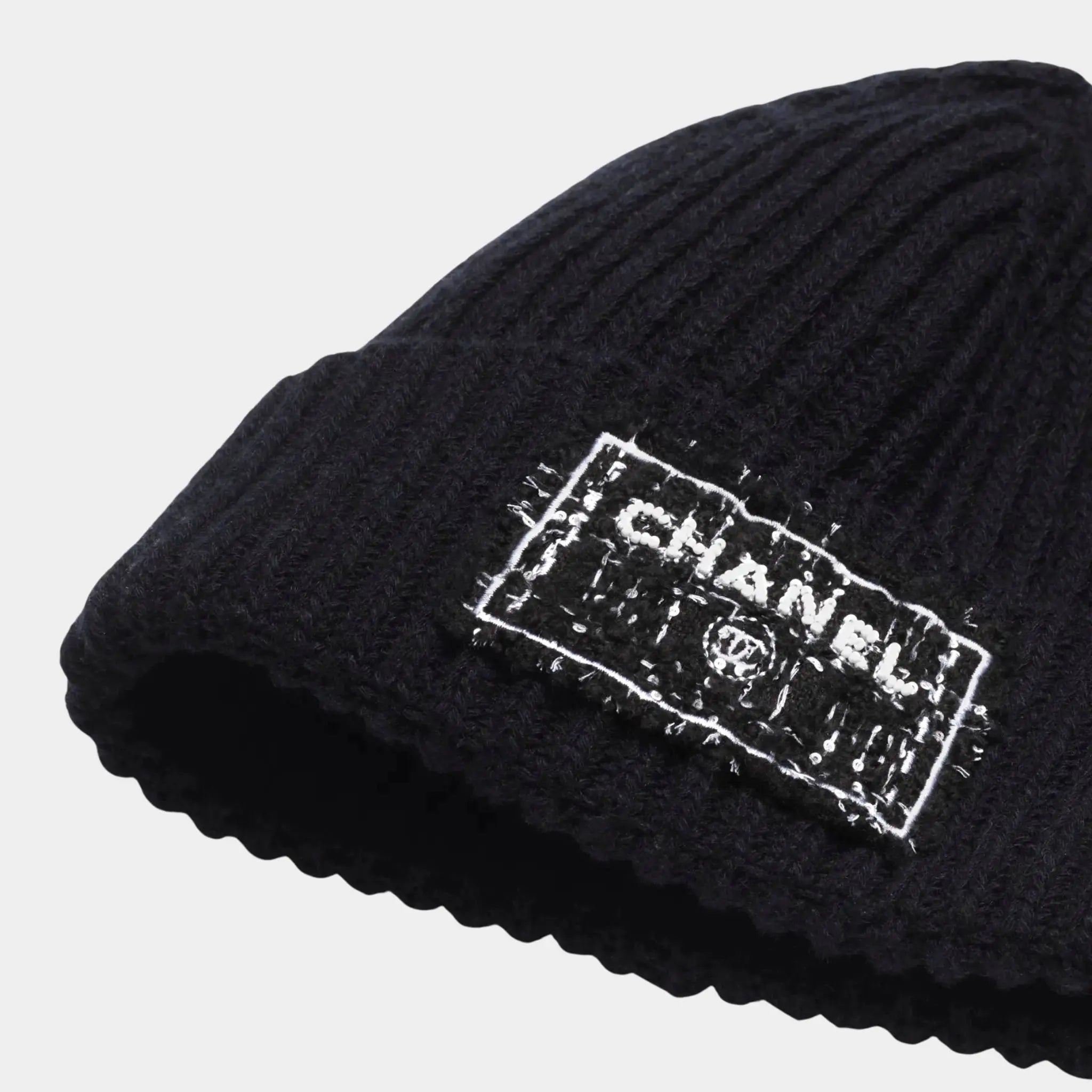 Chanel Cap Cashmere Navy Blue Black & White, Closeup