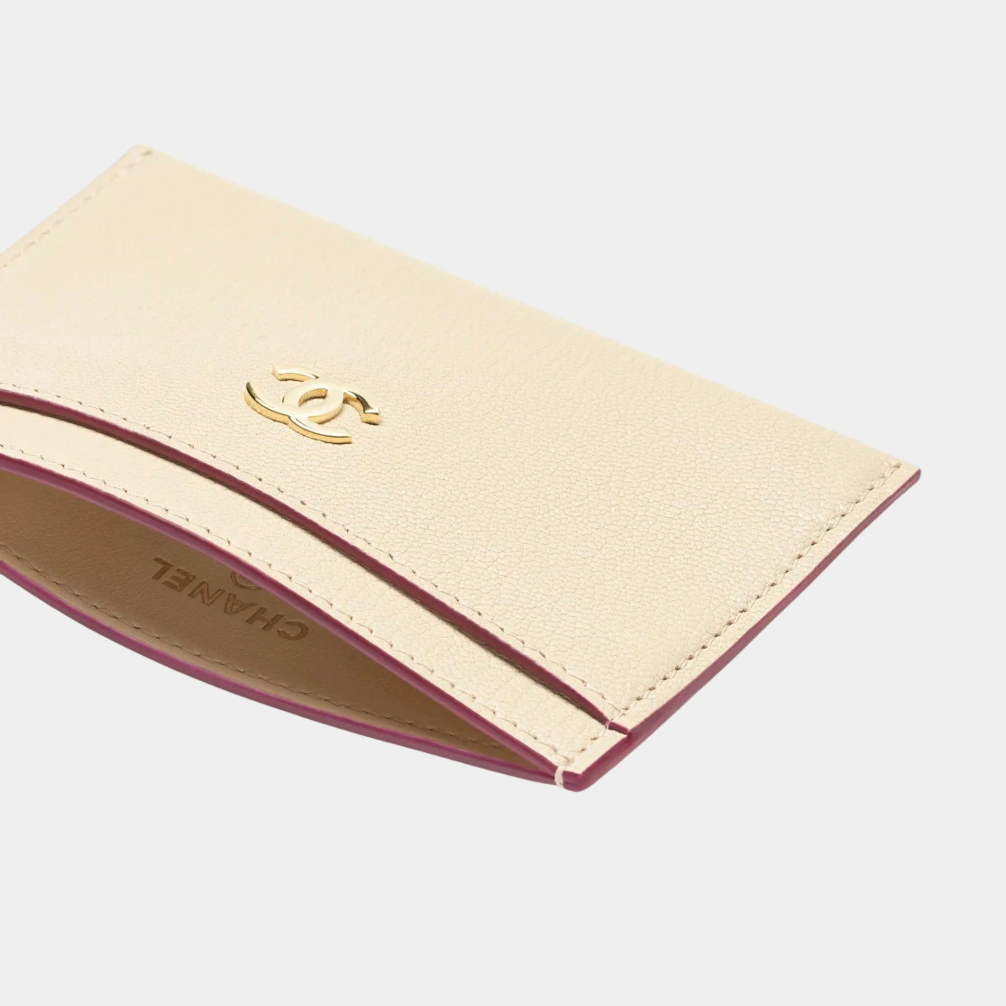 Chanel Card Holder in Grained Goatskin & Gold Metal, Beige, Front