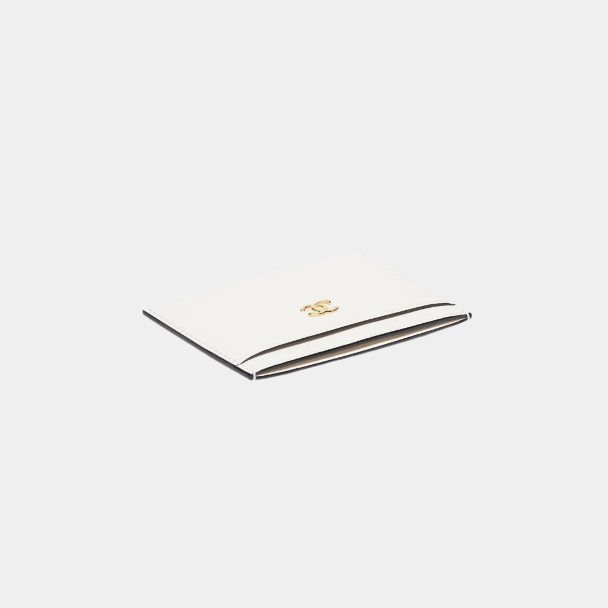 Chanel Card Holder in Grained Goatskin & Gold Metal, White, Top