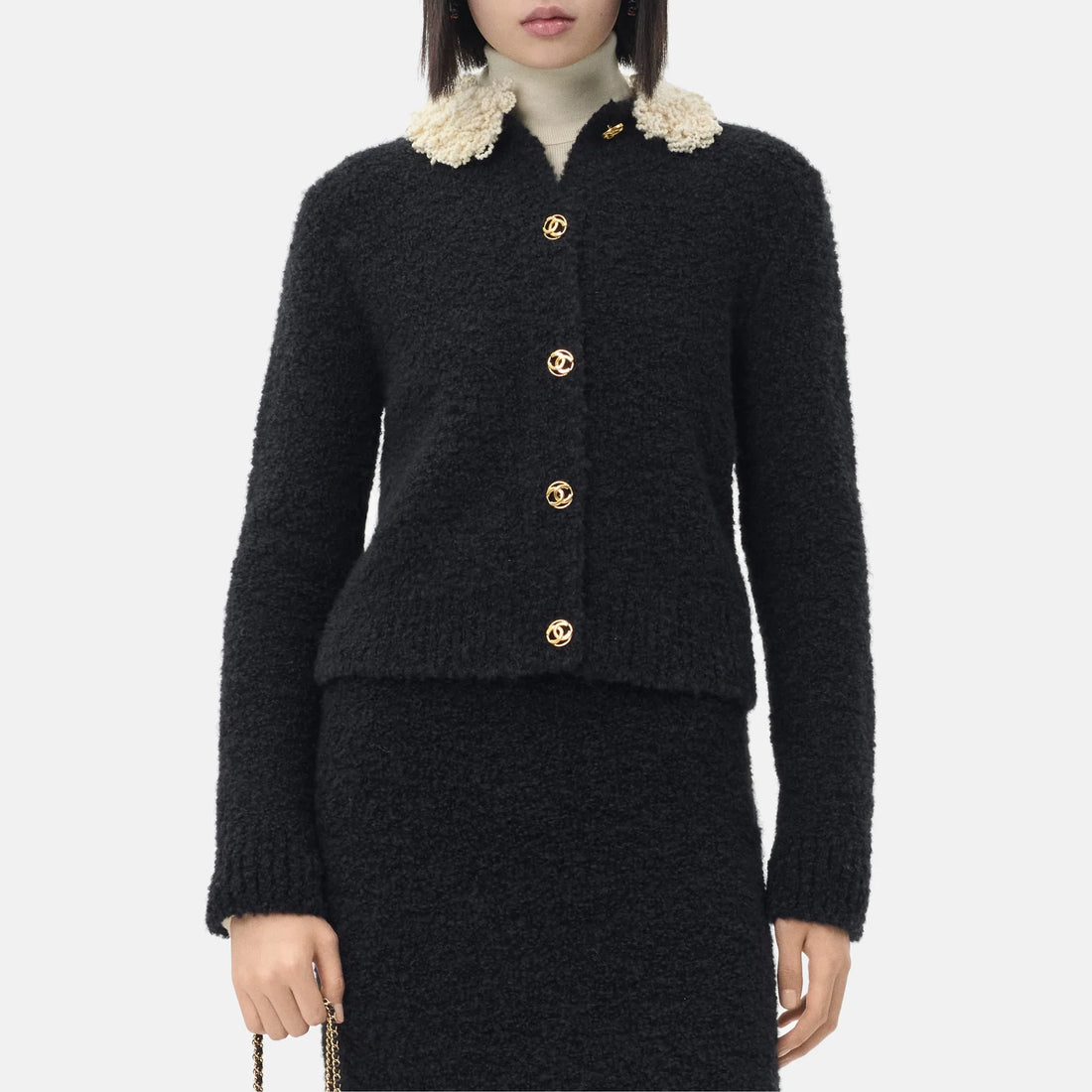 Chanel Cardigan Cashmere in Black and Ecru, Coco Neige 2026, worn front view