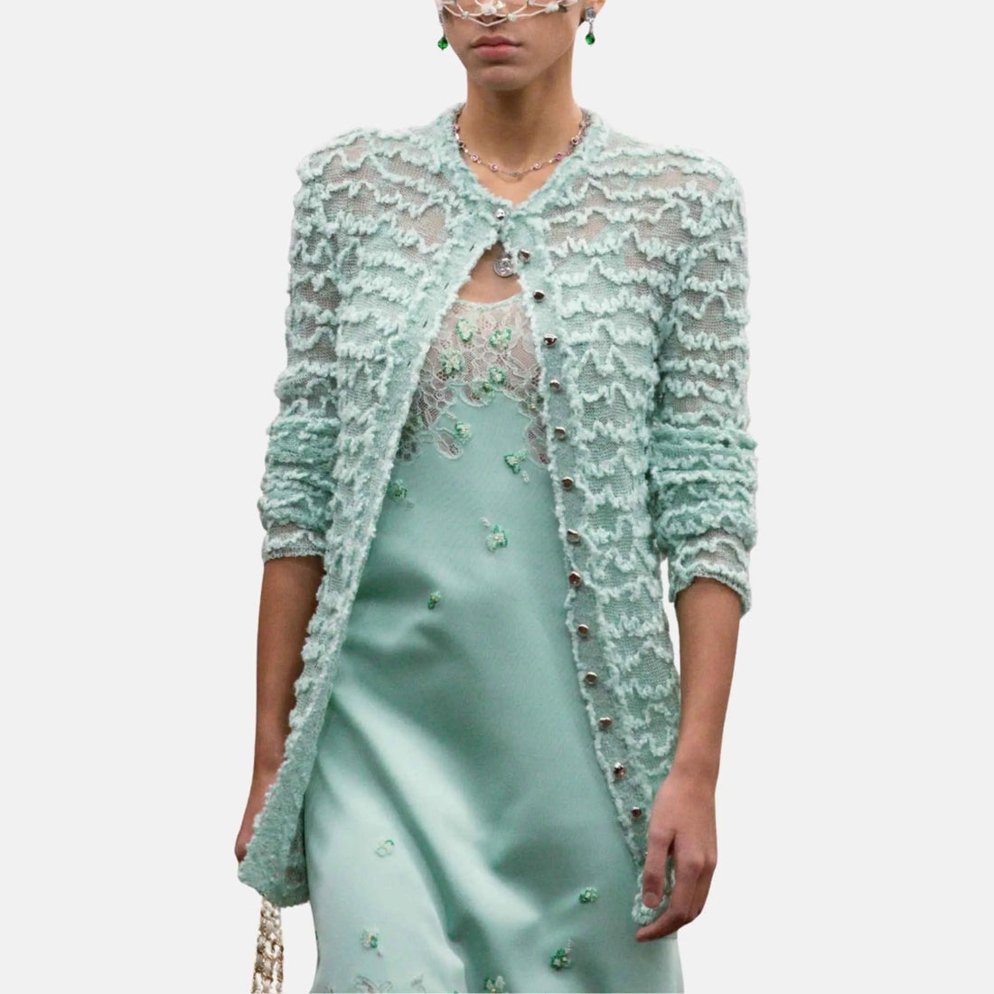 Chanel Cardigan Silk Mixed Fibers in Emerald Green and Pale Green