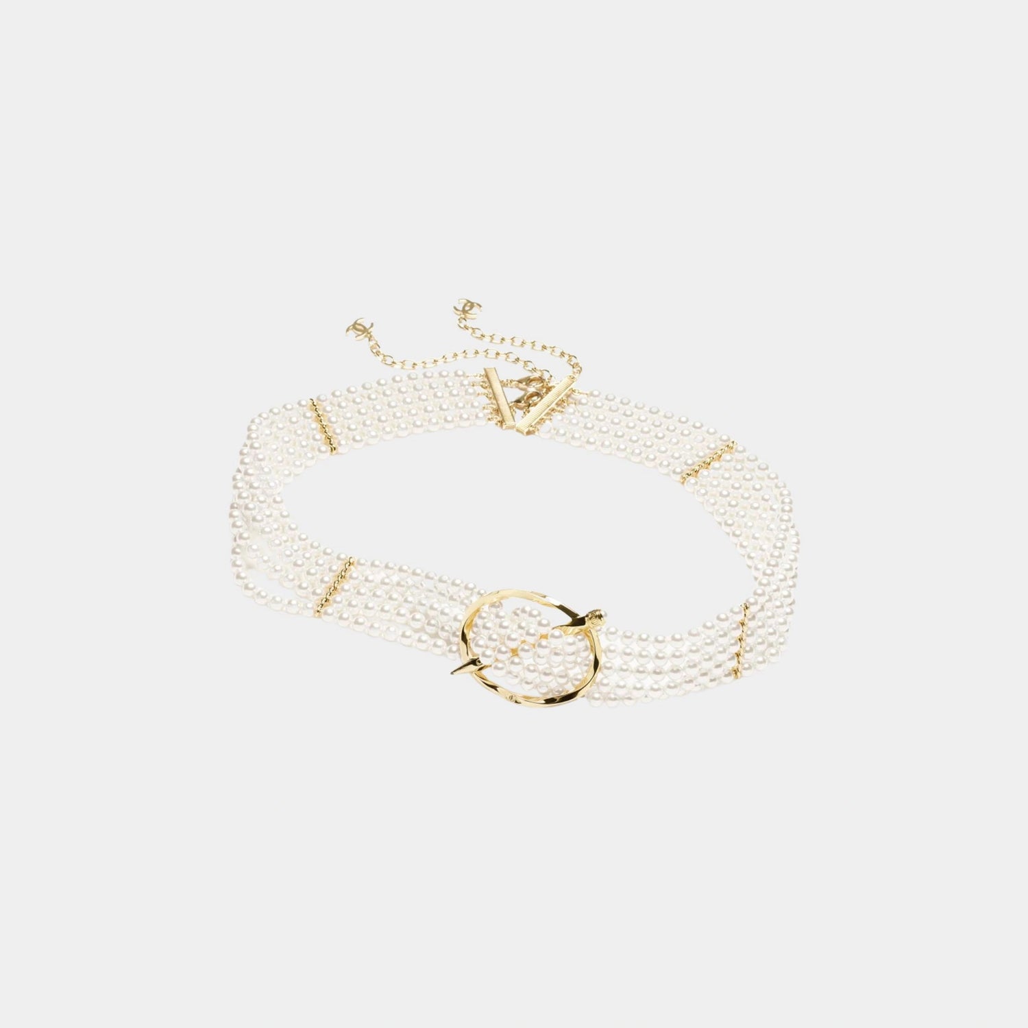 Chanel Chain Belt Metal Resin & Rhinestones Gold Pearly White & Crystal, Front