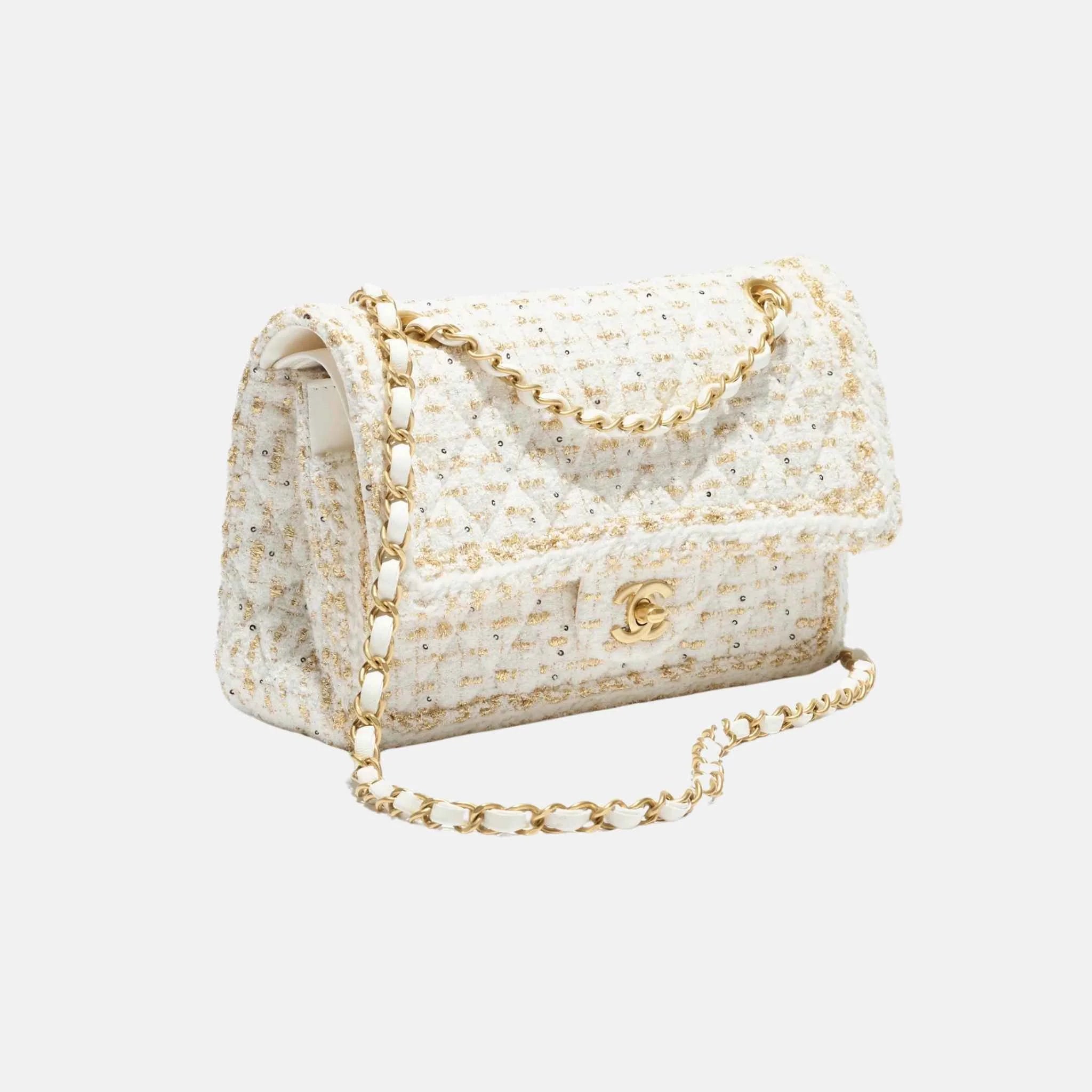 Chanel Classic 11.12 Bag Tweed & Gold Metal in Ecru & Gold, Front