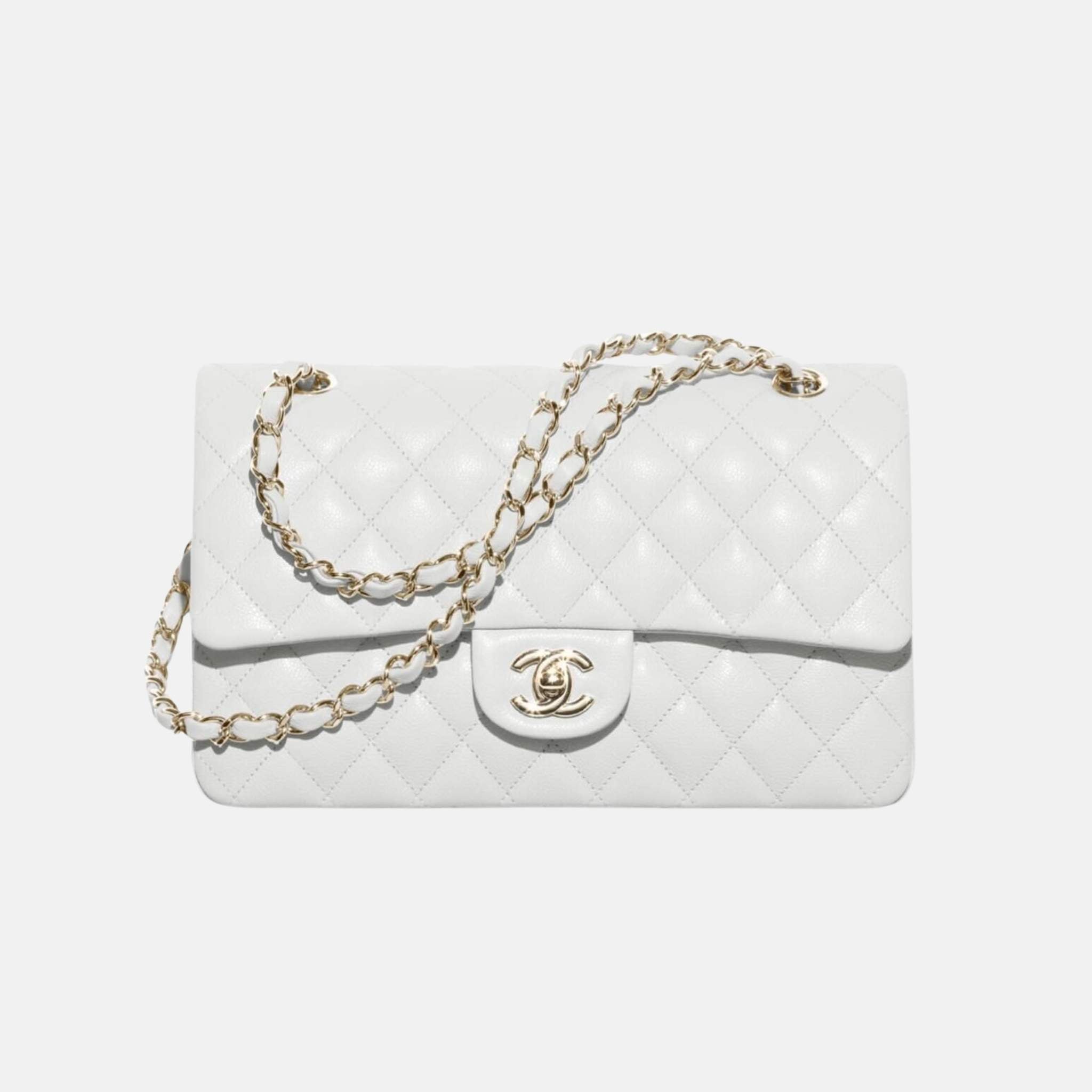 Chanel Classic 11.12 Handbag In Grained Shiny Calfskin And Gold Tone, Light Grey, Front