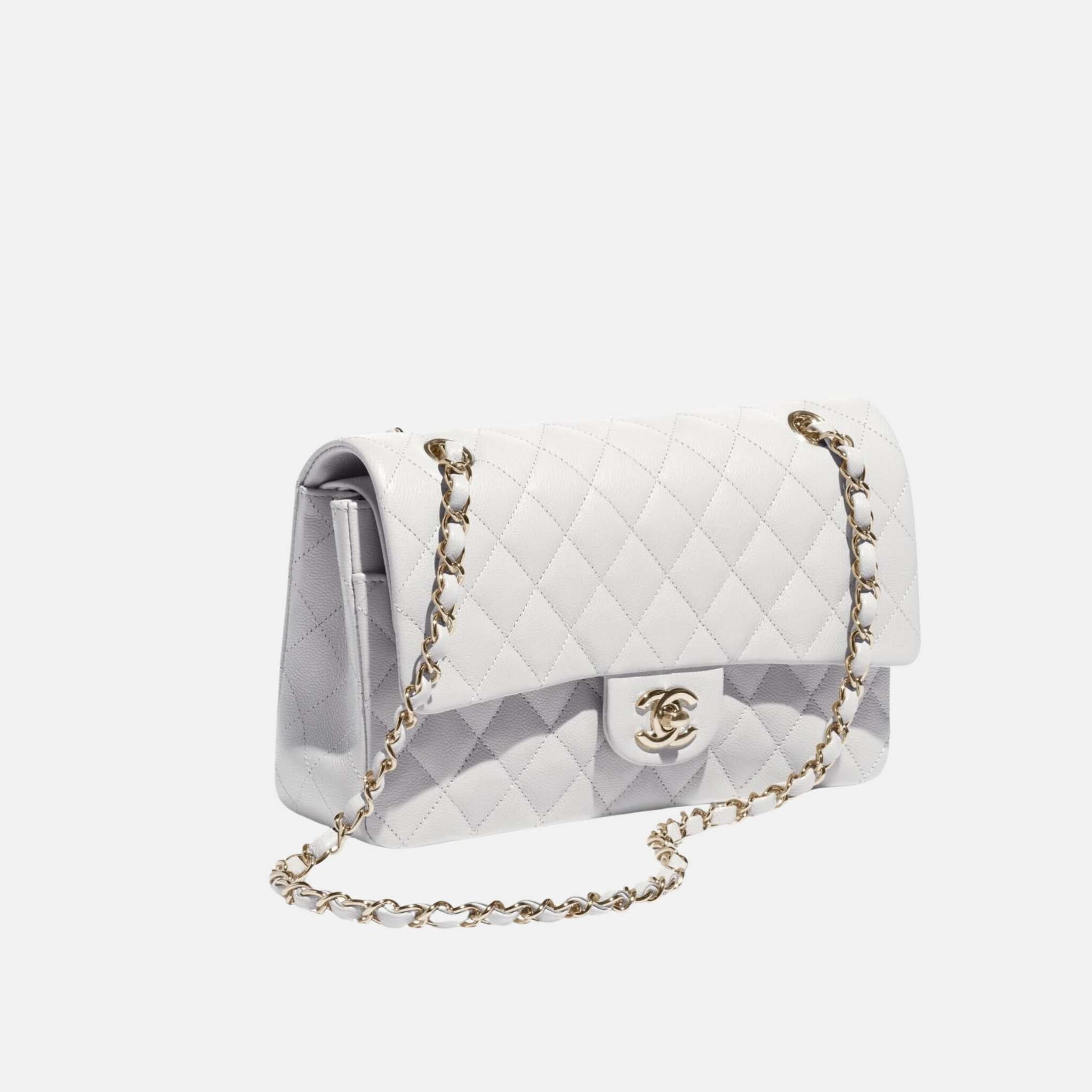 Chanel Classic 11.12 Handbag In Grained Shiny Calfskin And Gold Tone, Light Grey, Side