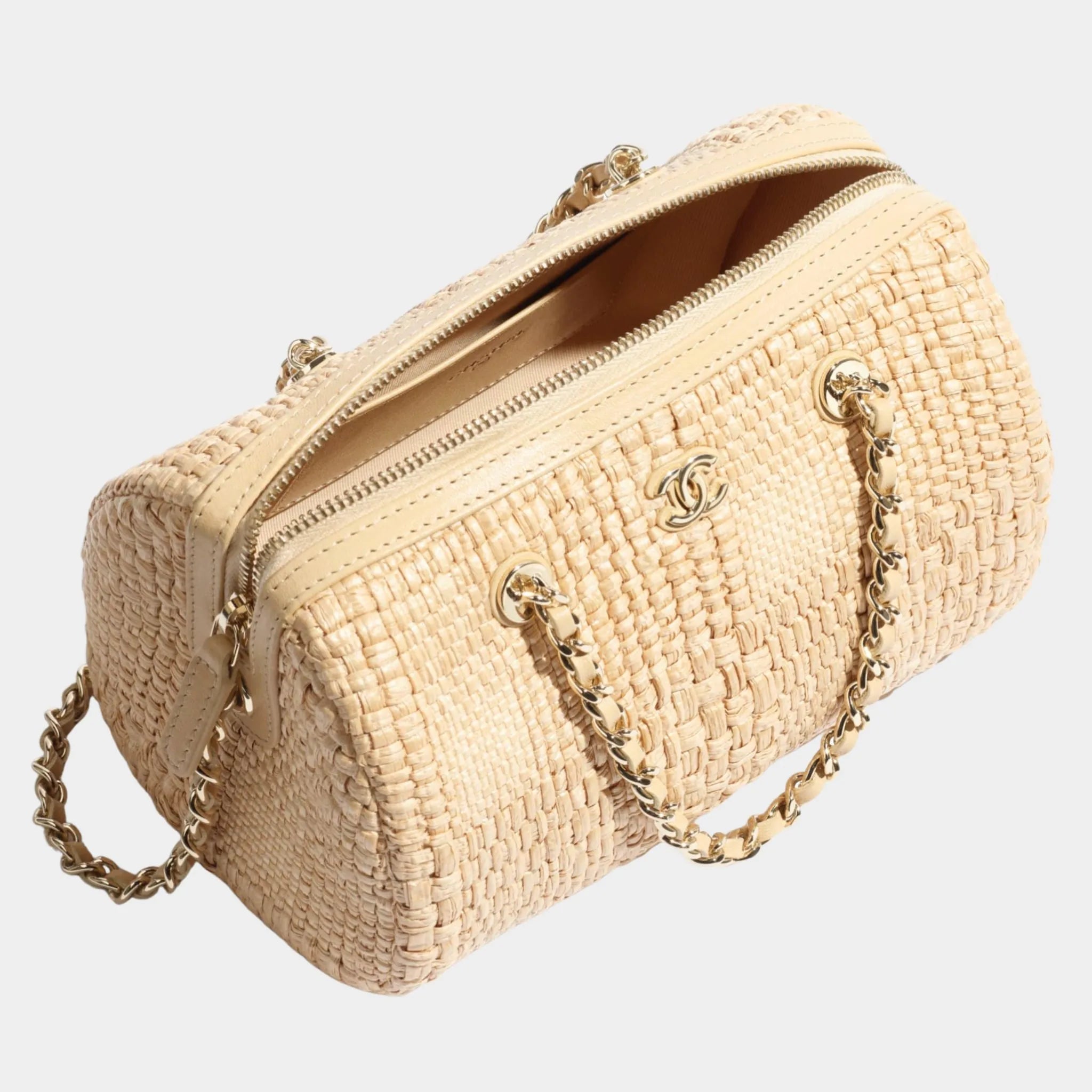 Chanel Classic Clutch With Chain Braided Raffia & Gold Tone Metal, beige