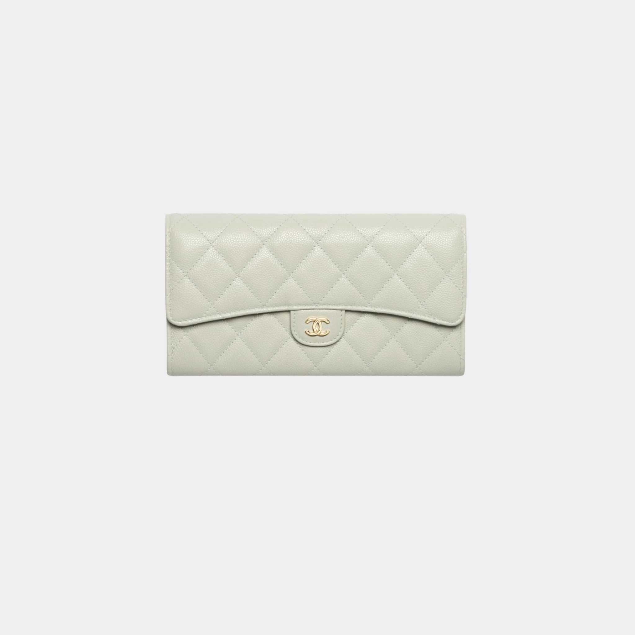 Chanel Classic Long Flap Wallet Grained Shiny Calfskin & Metal, Light Green , Front