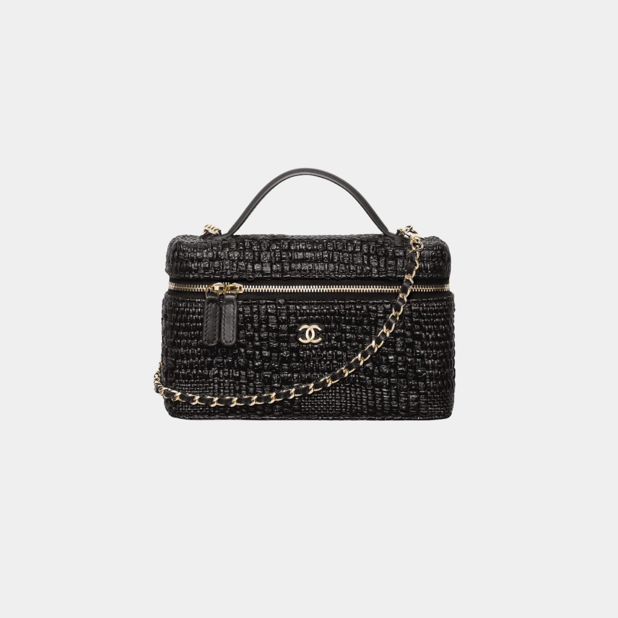 Chanel Classic Vanity With Chain Braided Raffia & Gold Tone Metal, Black , Front