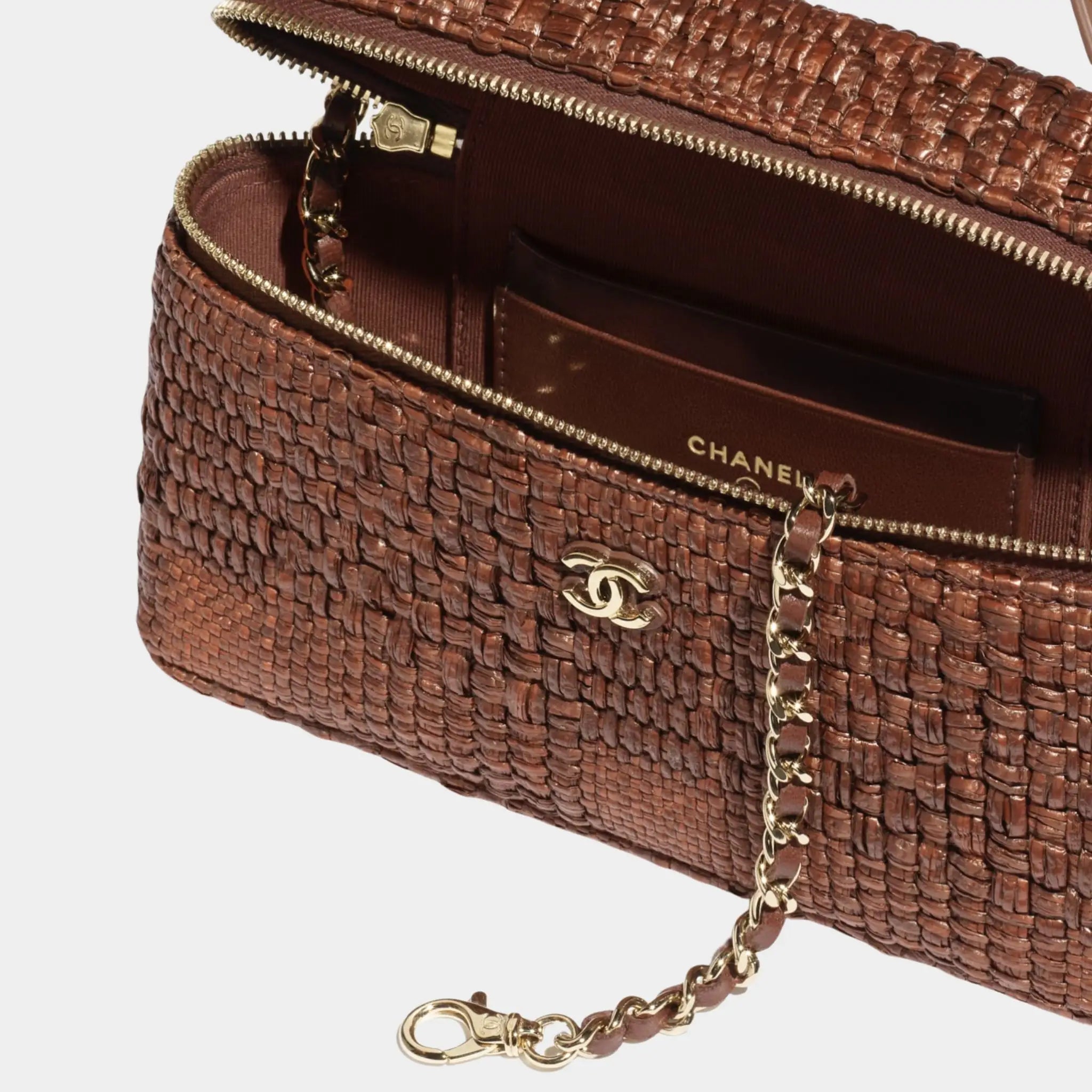Chanel Classic Vanity With Chain Braided Raffia & Gold Tone Metal, Brown , Interior