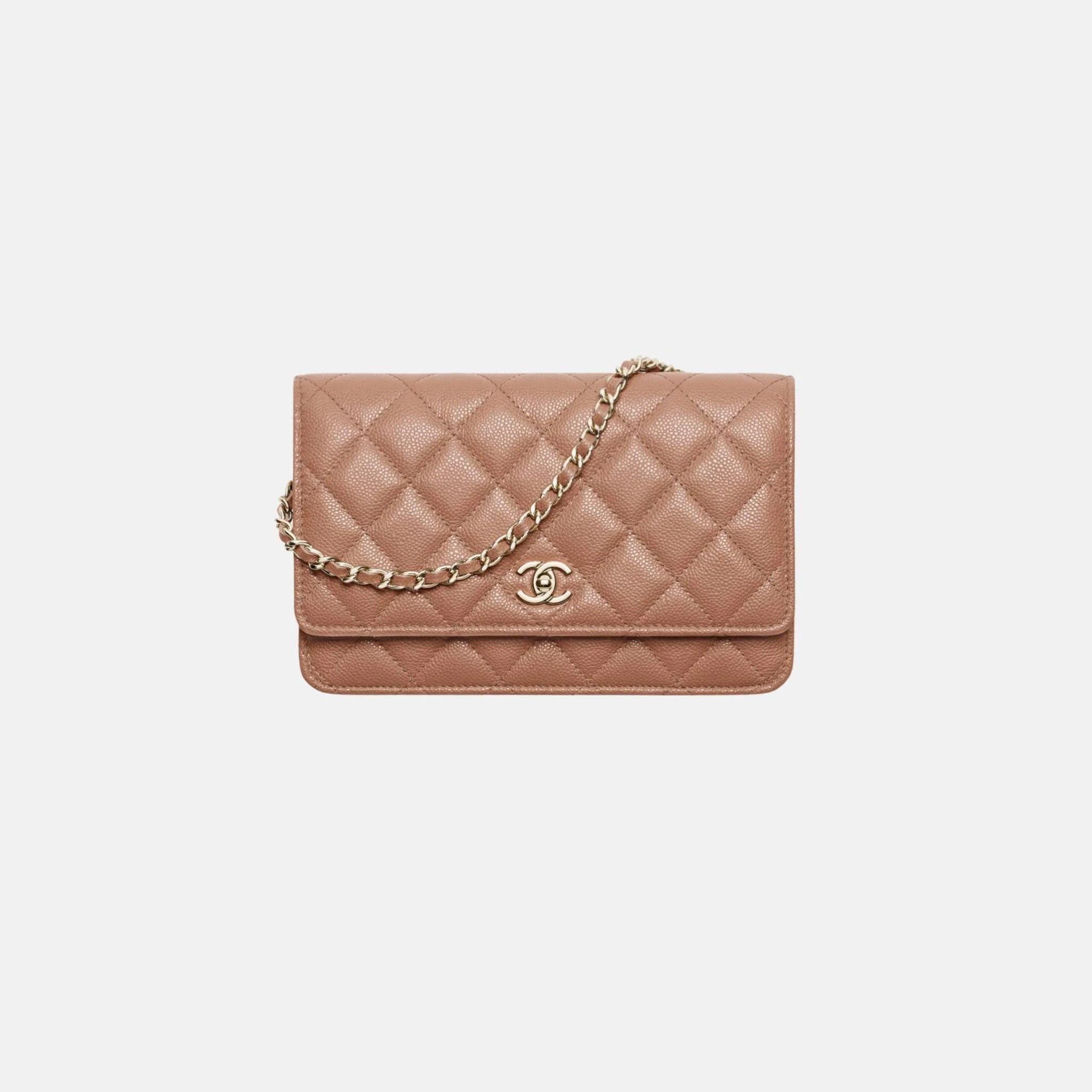 Chanel Classic Wallet on Chain in Grained Shiny Calfskin and Gold Tone, Brown, Front