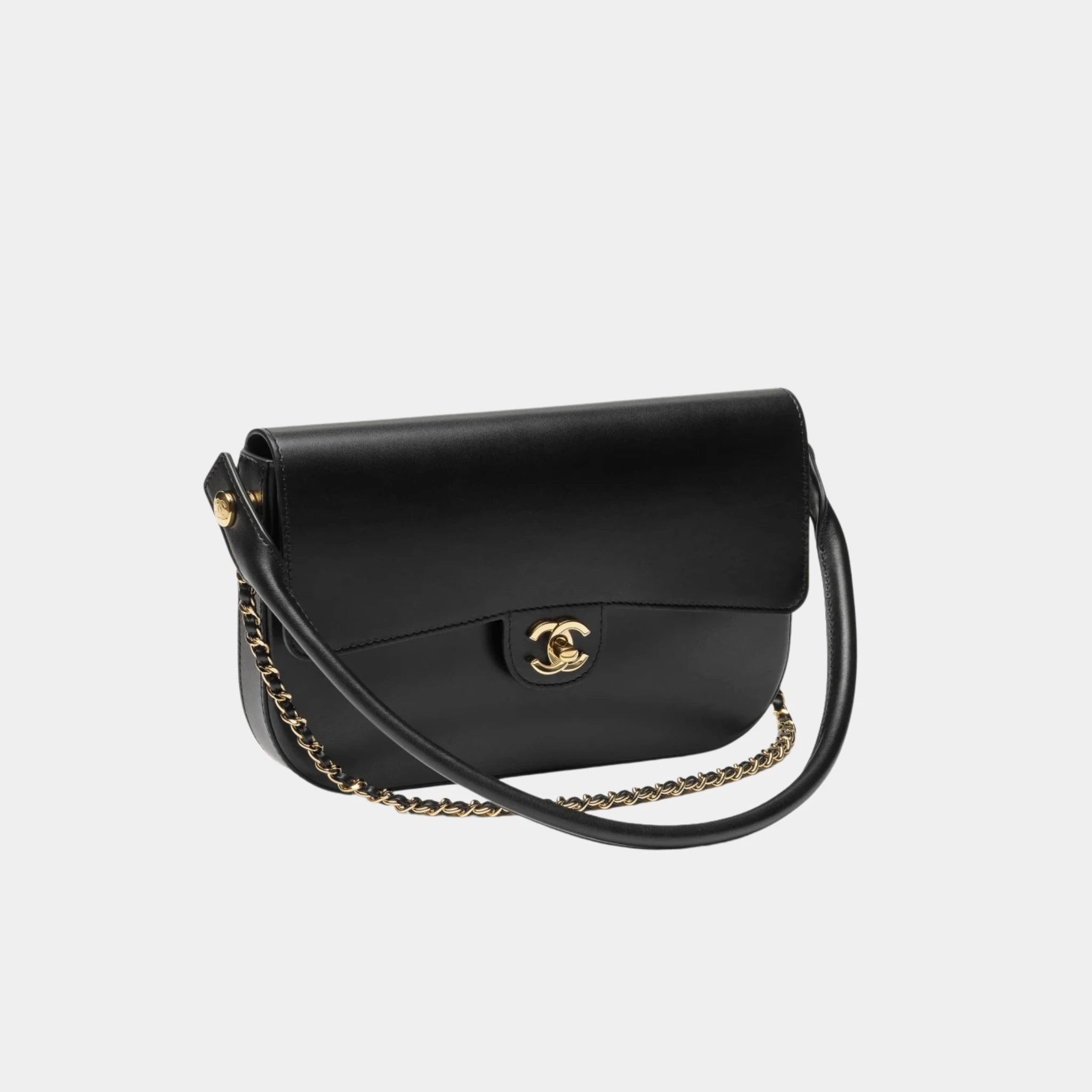 Chanel Clutch in Black Shiny Calfskin & Gold-Tone Metal, Side