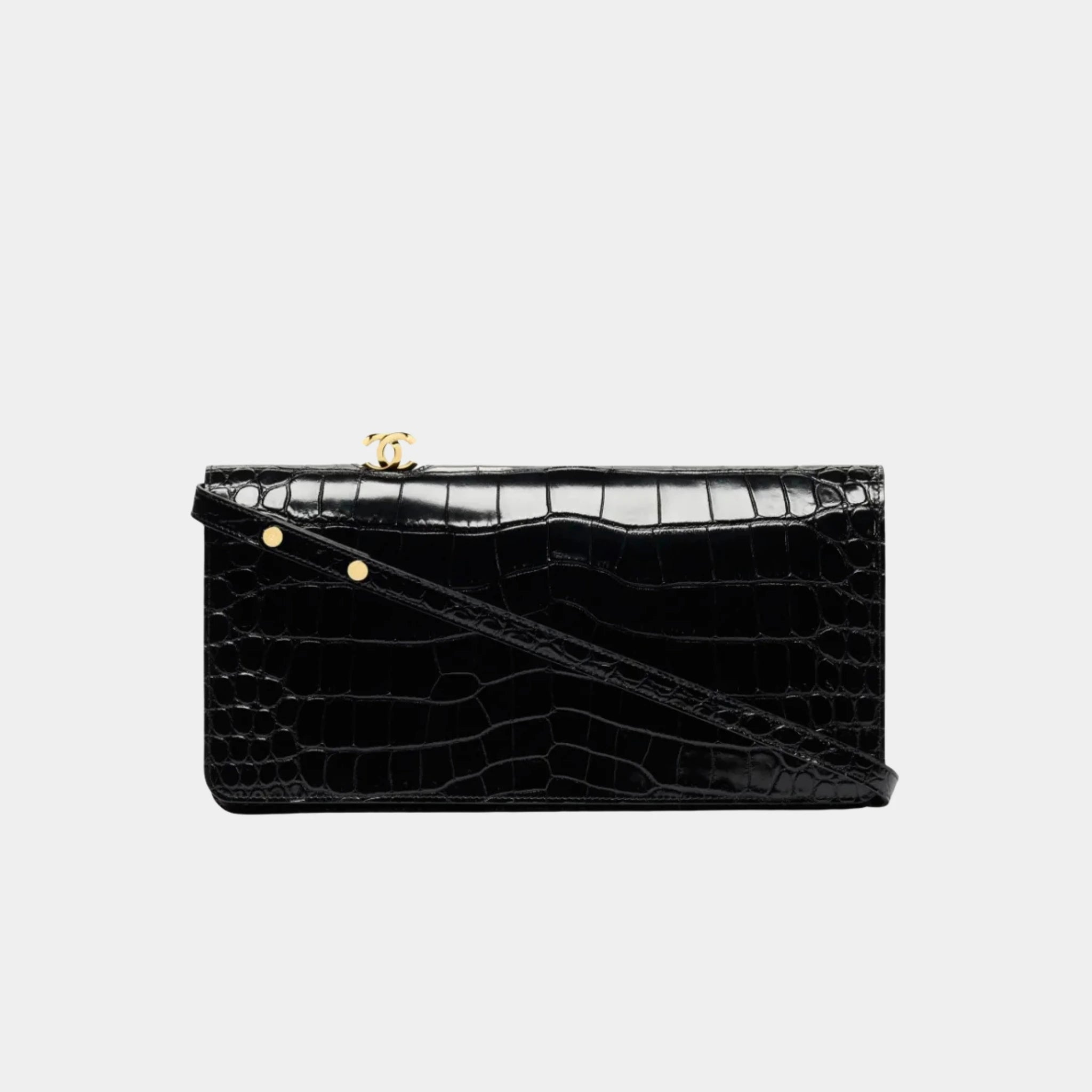 Chanel Clutch in Crocodile Embossed Calfskin & Gold-Tone Metal, Black, Front