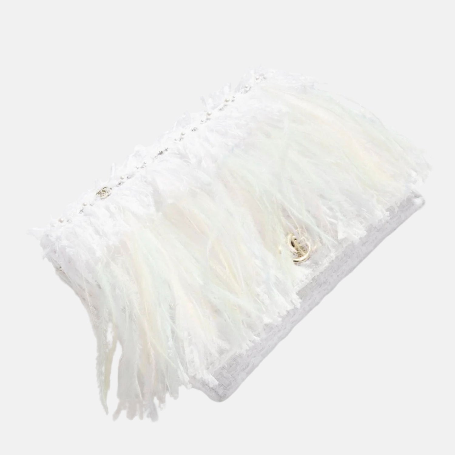 Chanel Clutch In Tweed Feathers Pearls & Gold Tone Metal White, Close