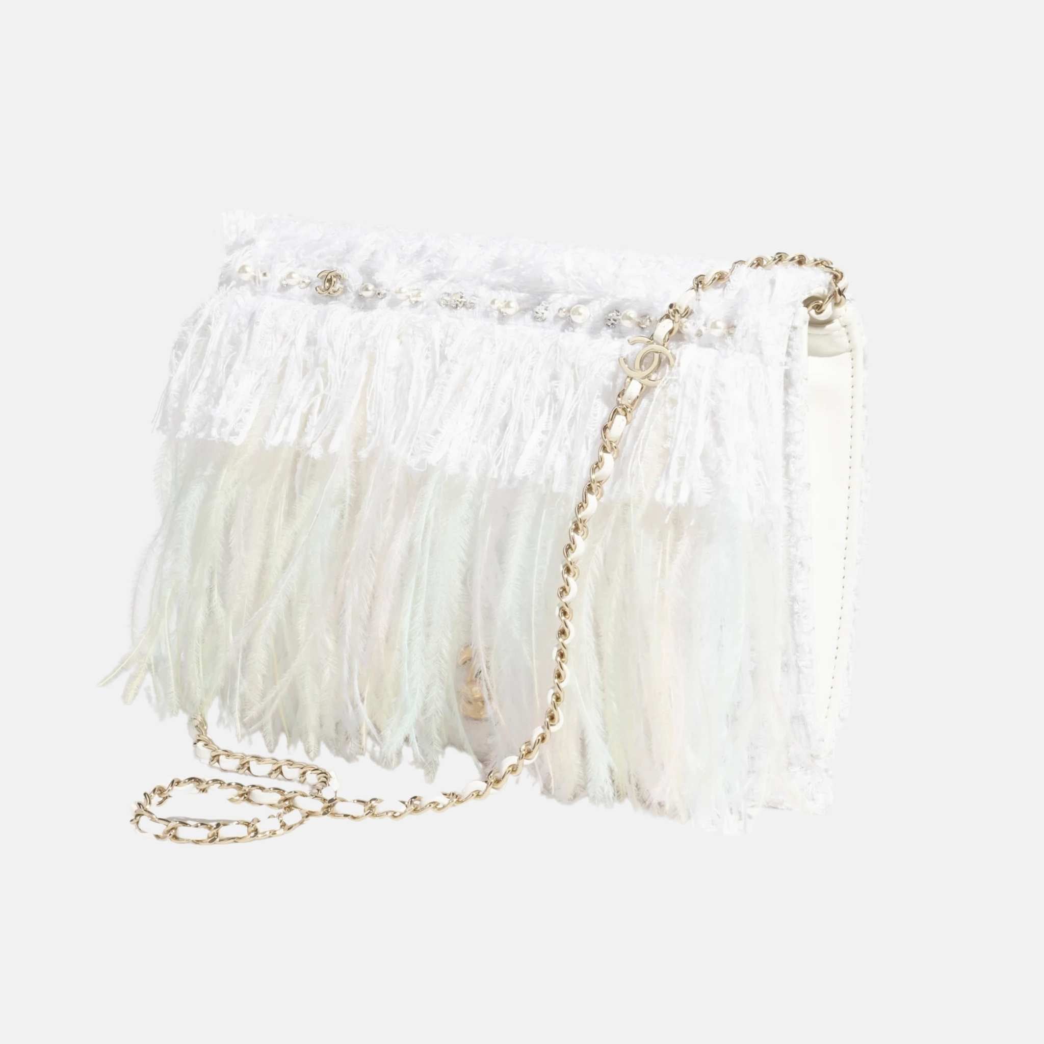 Chanel Clutch In Tweed Feathers Pearls & Gold Tone Metal White, Front