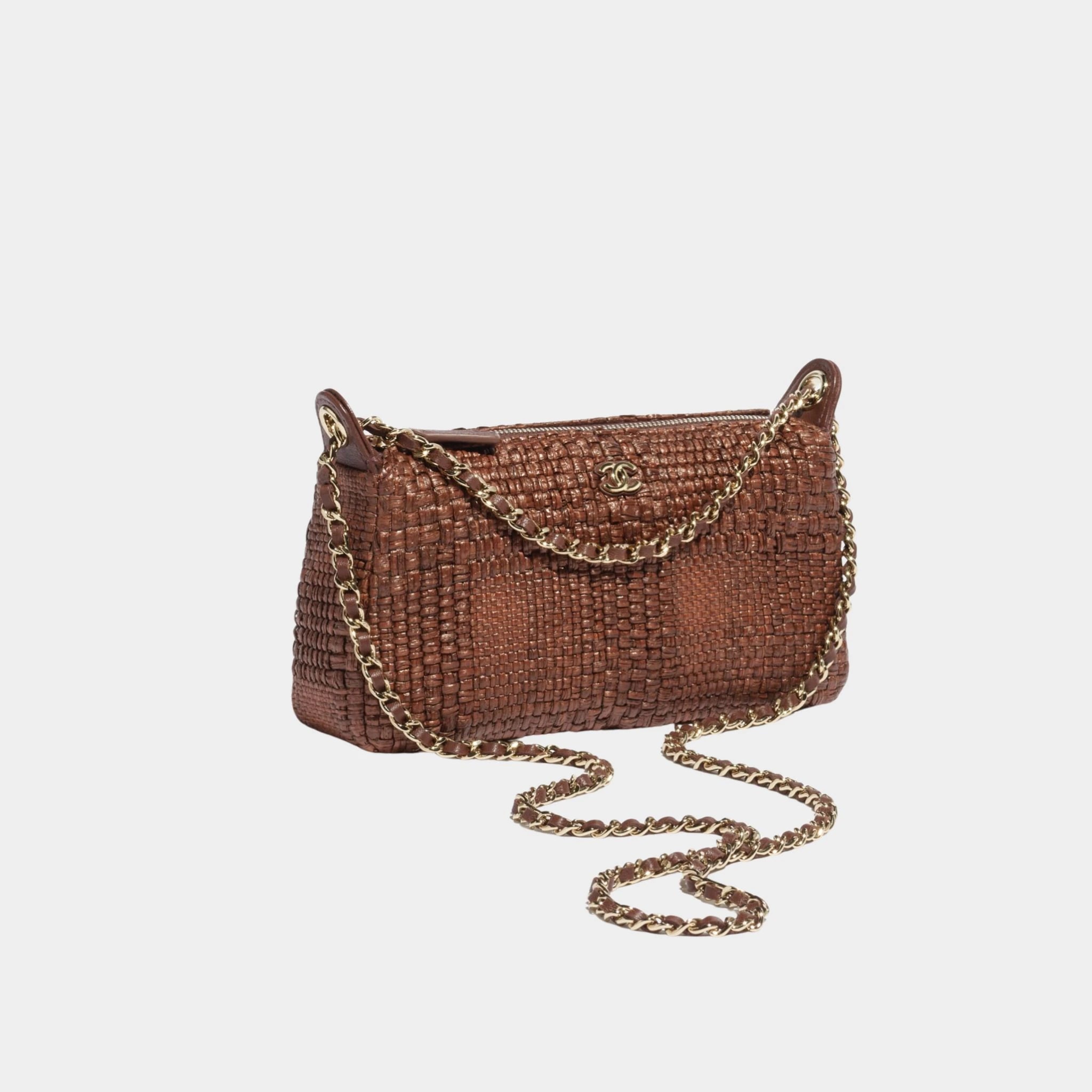 Clutch With Chain Braided Raffia & Gold Tone Metal