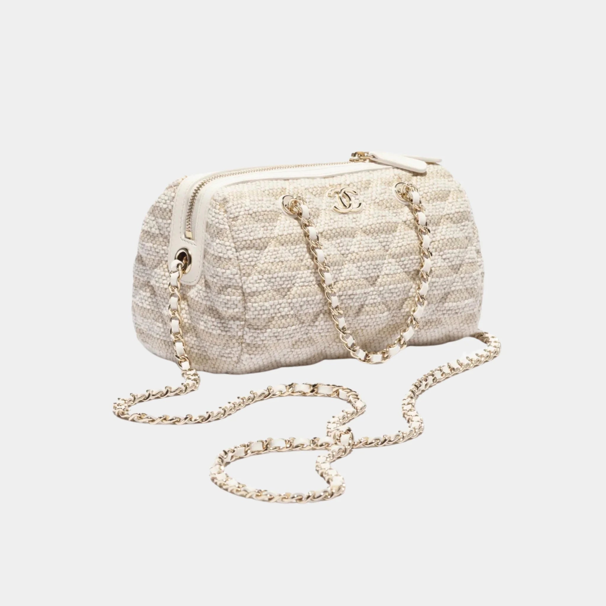 Chanel Clutch With Chain Printed Fabric & Gold Metal, Light Beige, Front