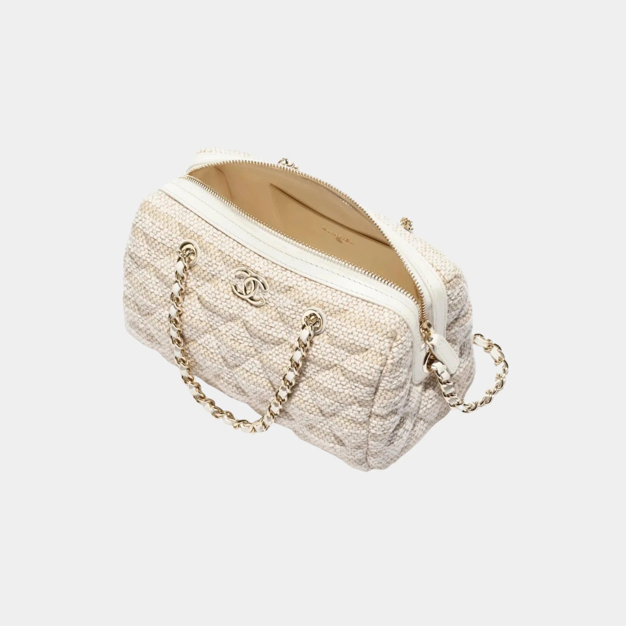 Chanel Clutch With Chain Printed Fabric & Gold Metal, Light Beige, Top