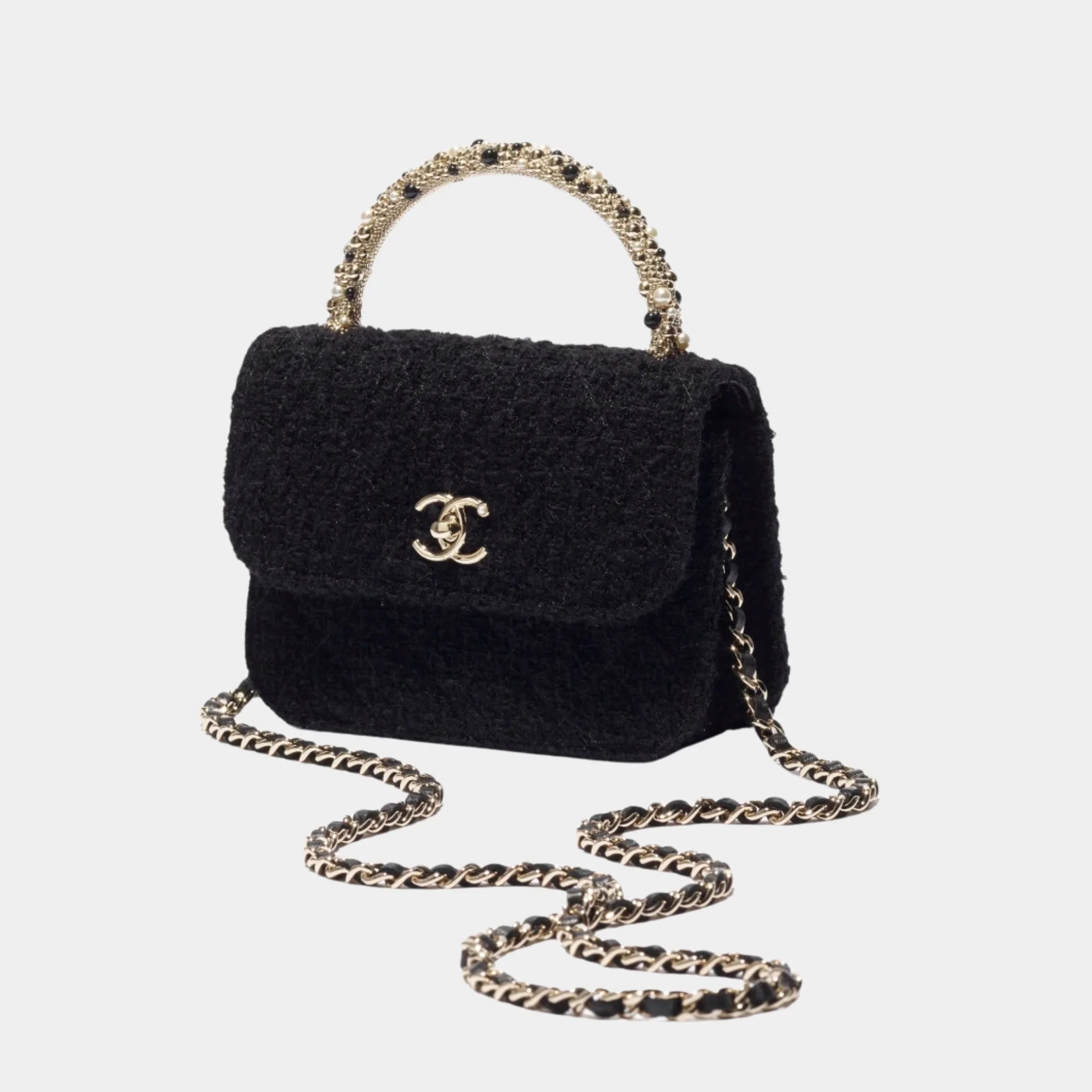 Clutch with Chain Tweed, Pearls & Gold-Tone Metal