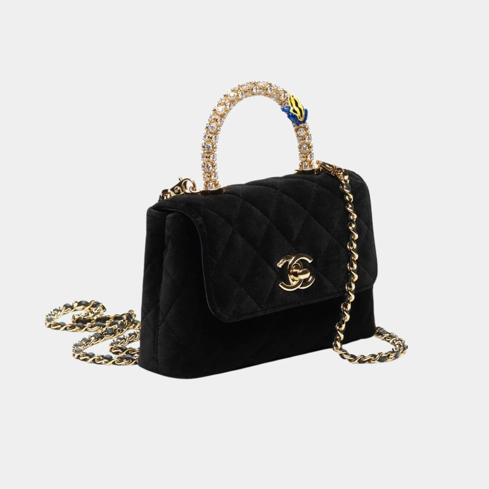 Chanel Clutch with chain in Velvet Strass Enamel & Gold-Tone Metal, Side