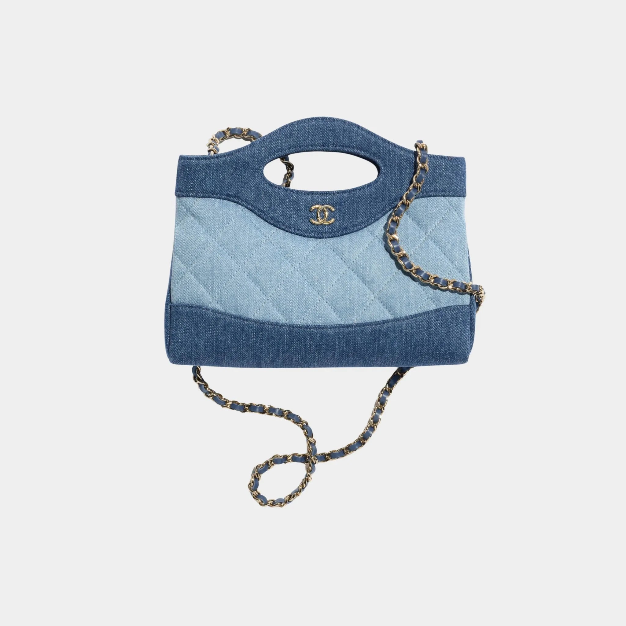 Chanel Clutch With Chain Washed Demin & Gold Tone Metal, Dark Blue and Light Blue