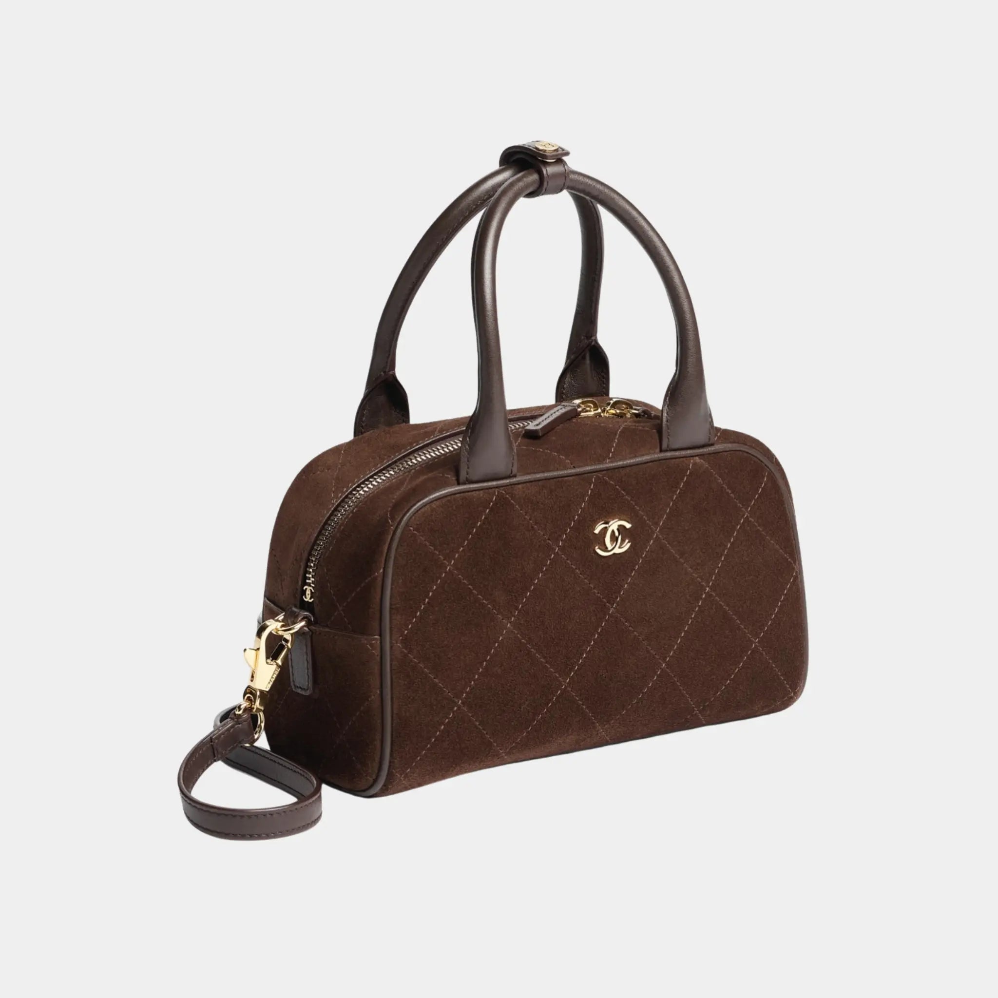 Chanel Clutch with Leather Strap in Dark Brown Suede & Calfskin, Side
