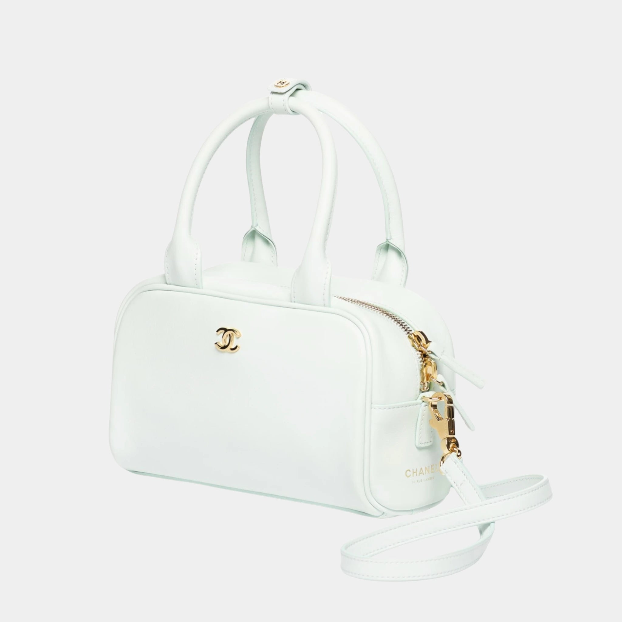 Chanel Clutch with Leather Strap Light blue Calfskin & Gold-Tone Metal, Side