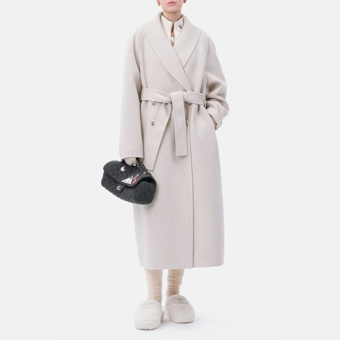 Chanel Coat Cashmere in Grey, Coco Neige 2026, worn front view