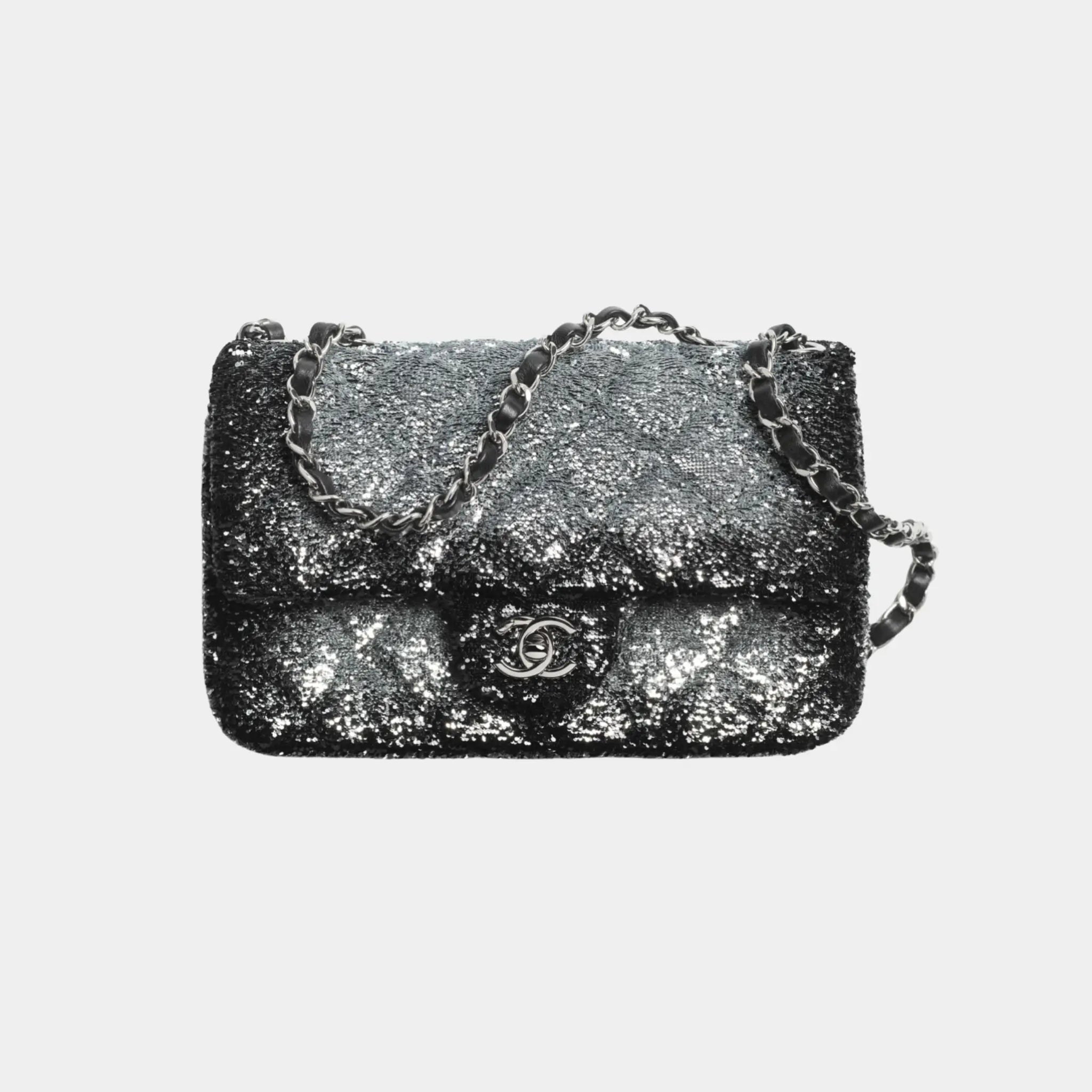 Chanel Evening Bag, Quilted Gradient Sequins and Ruthenium Finish Metal, Silver, Black