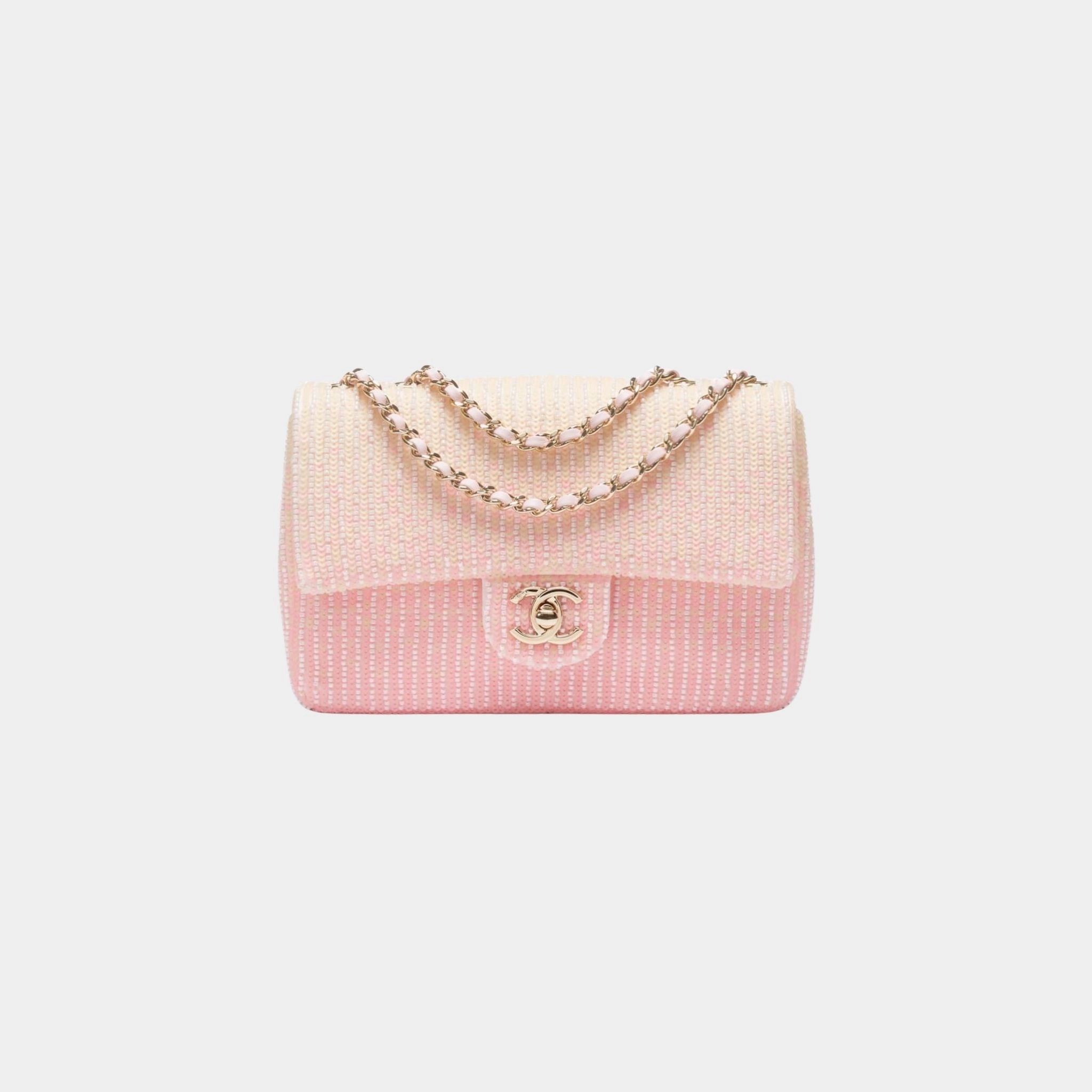 Chanel Flap Bag Glass Beads Sequins & Gold Tone Metal, Front , Pink and Yellow