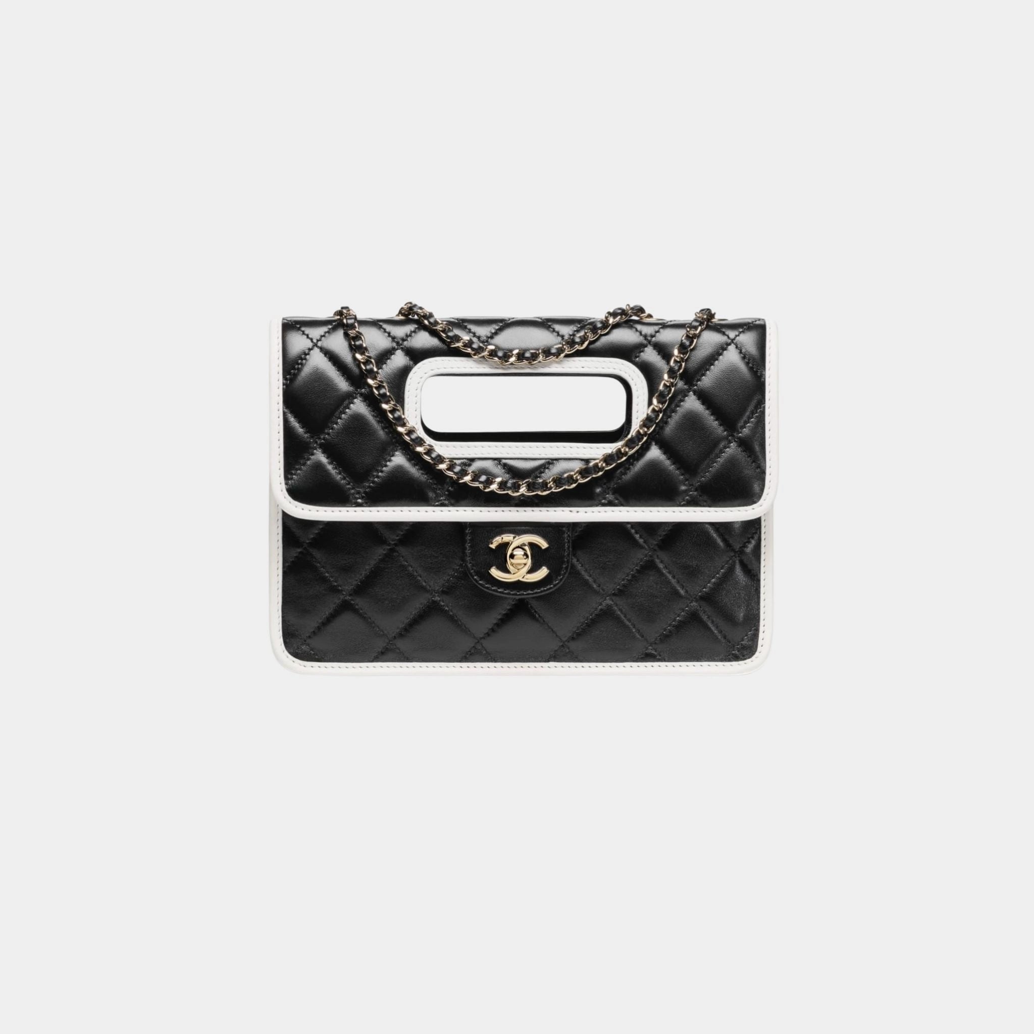Flap Bag With Top handle Shiny Lambskin & Gold tone Metal Black & White, Front