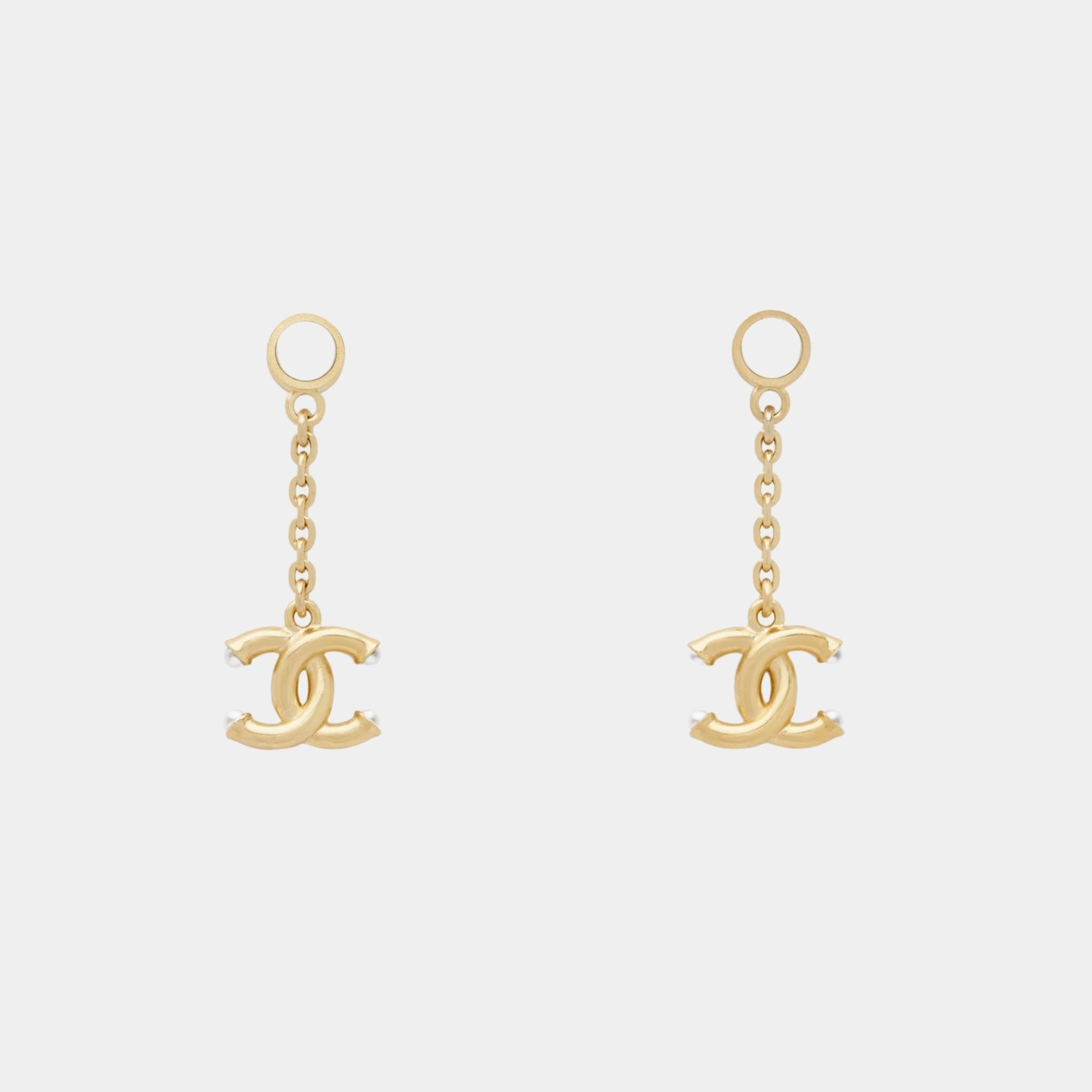 Chanel Gold Metal CC Pendant Earrings with Glass Pearls, Front