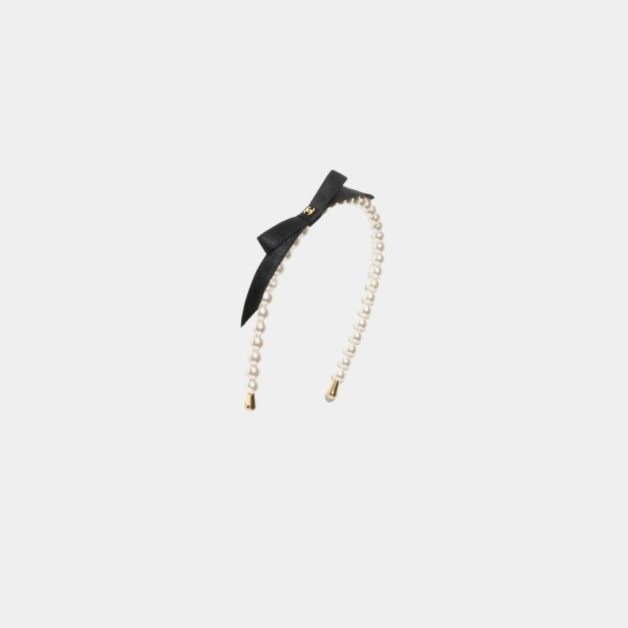 Chanel Headband Pearls Metal Satin Pearly White Gold Black, Front