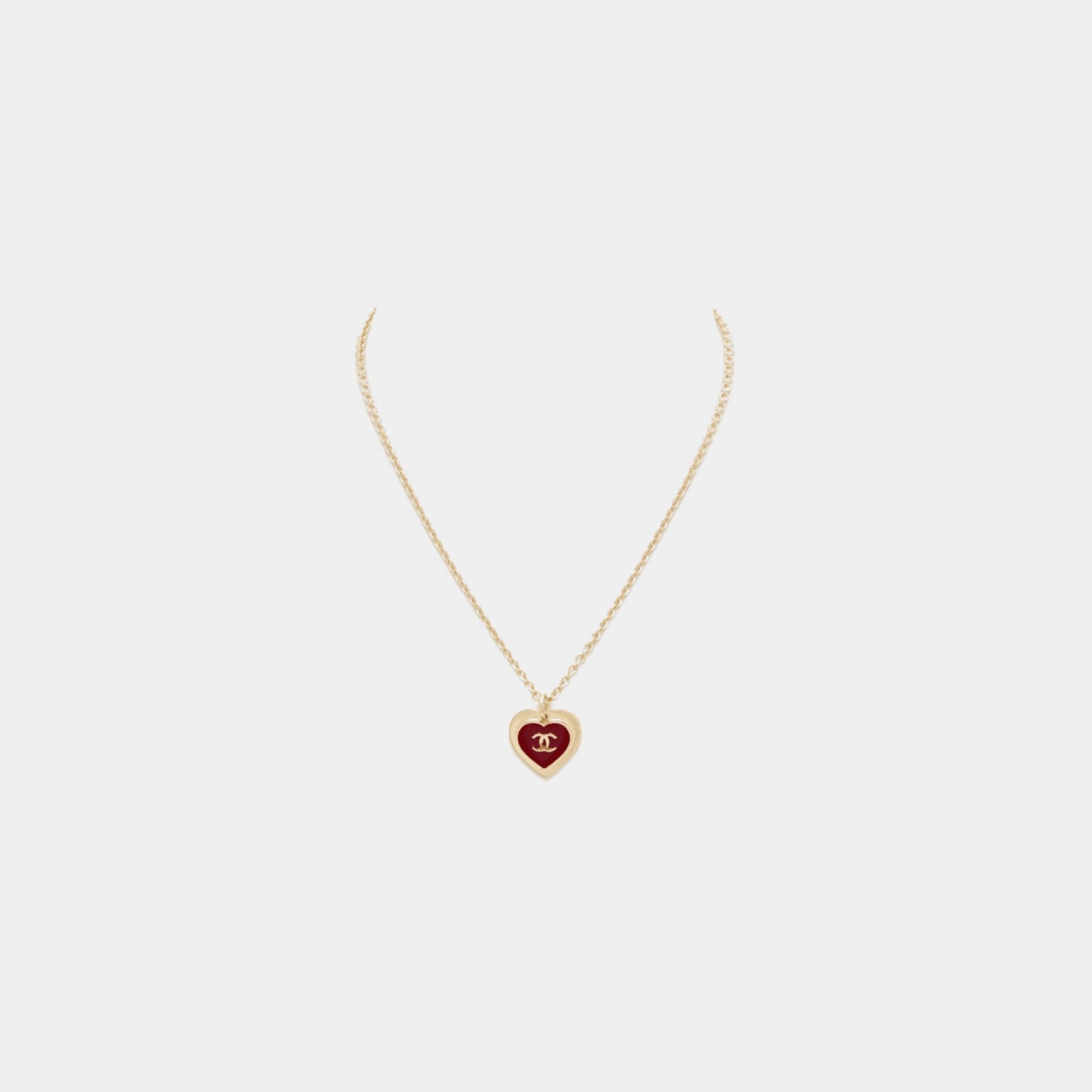 Chanel Heart Pendant Necklace Metal & Resin Gold & Dark Red, front
