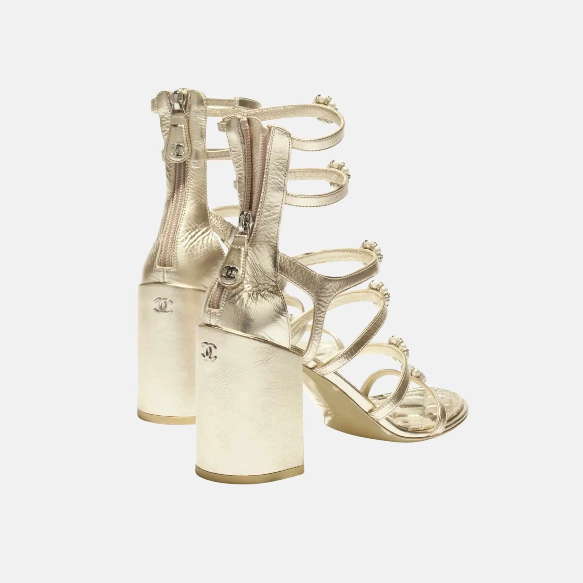 Chanel Heel Sandals in Laminated Lambskin, Light Gold, Back