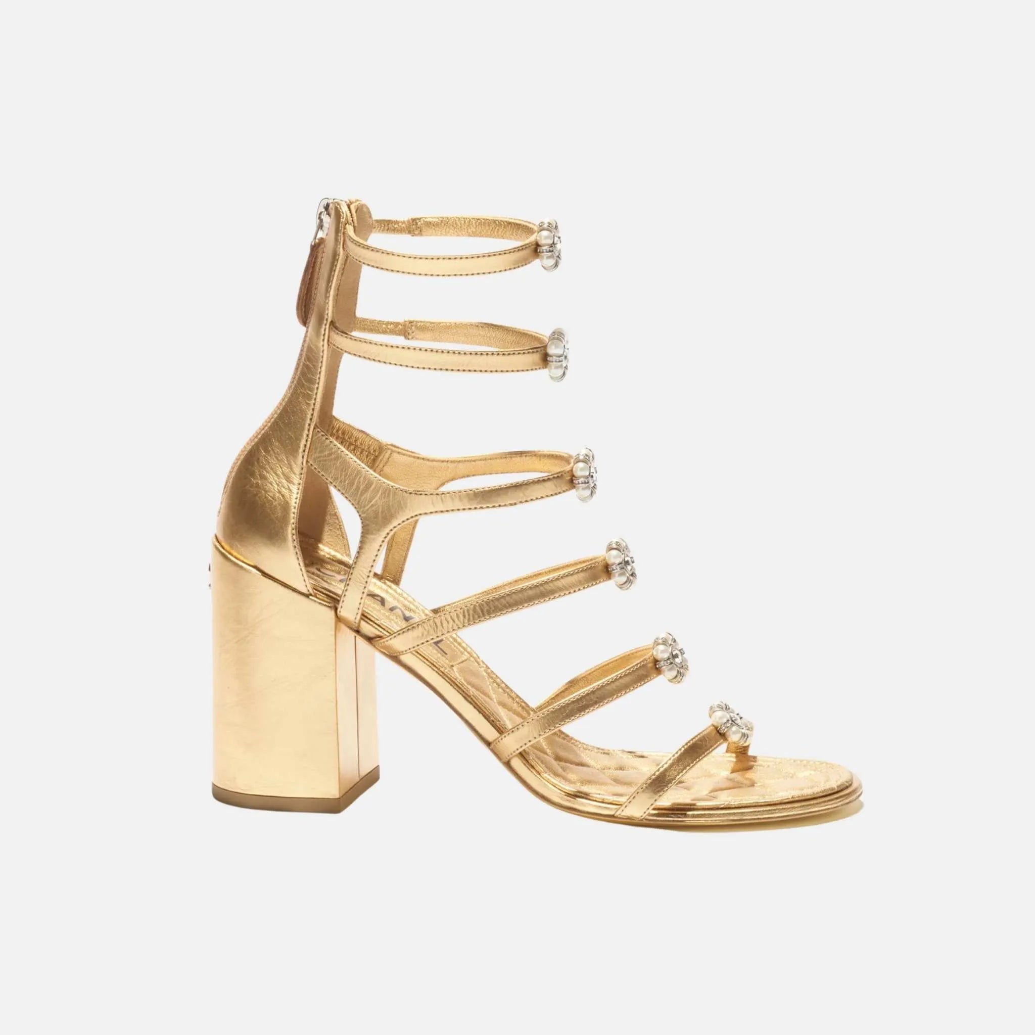 Chanel Heel Sandals in Laminated Lambskin, Dark Gold, Side