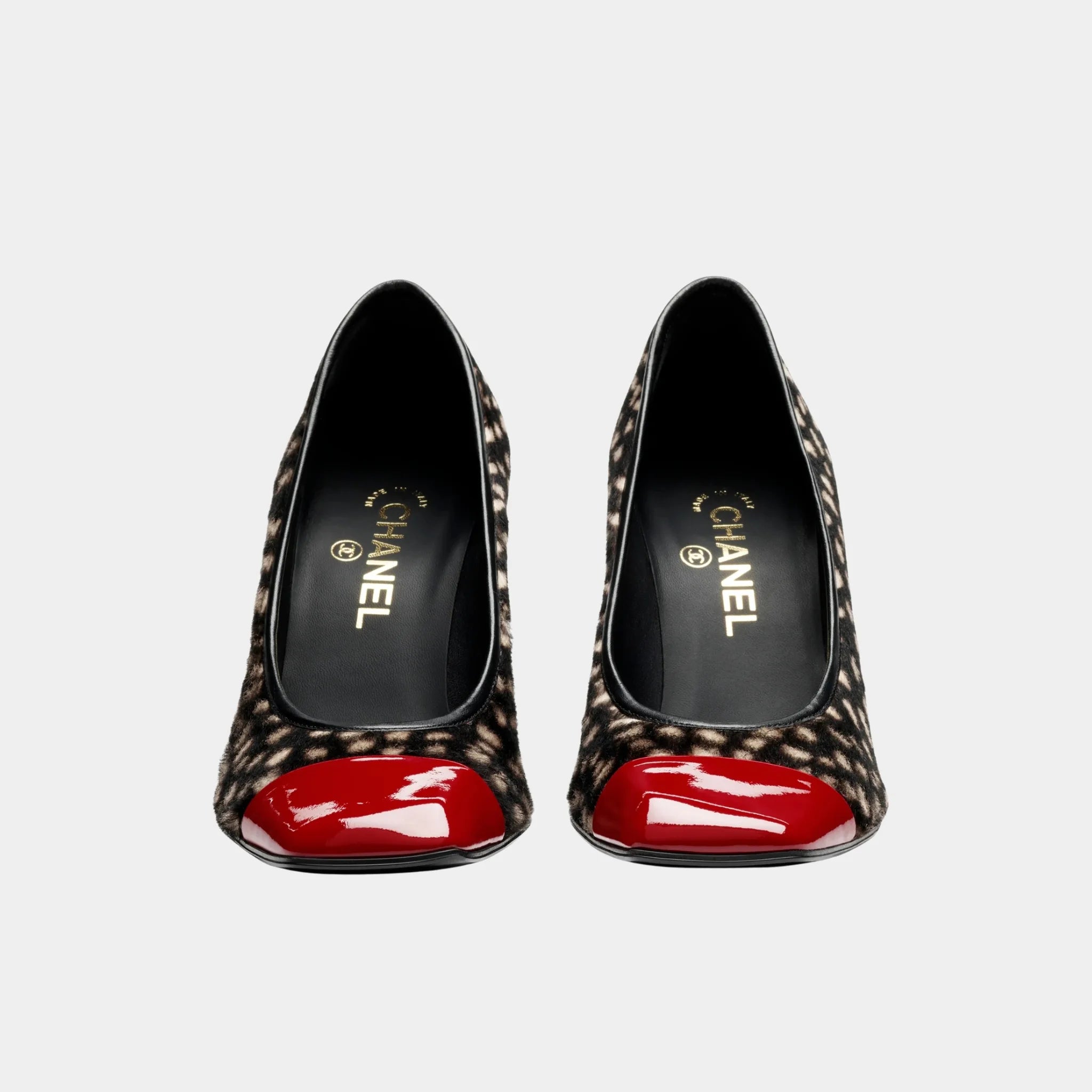 Chanel Pumps Lambskin & Patent Calfskin in Black White & Dark Red, Front